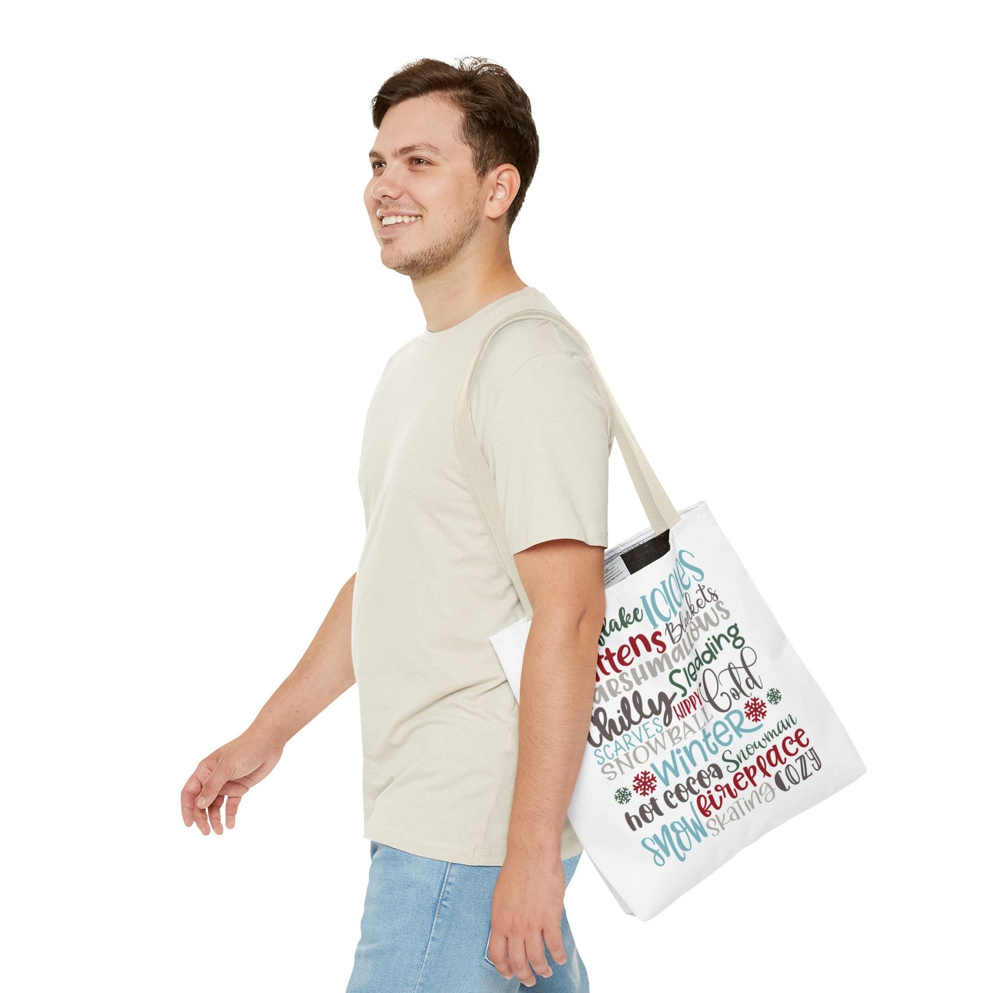 Winter Word Riot Tote Bag — Bold Typographic Holiday Tote