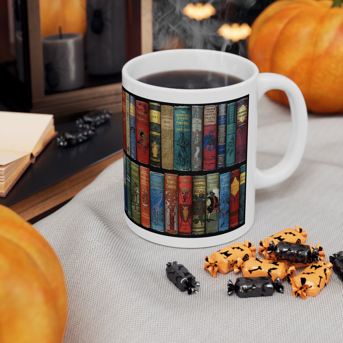 Booklover Ceramic Mug — Vintage Bookshelf Design (11oz & 15oz)
