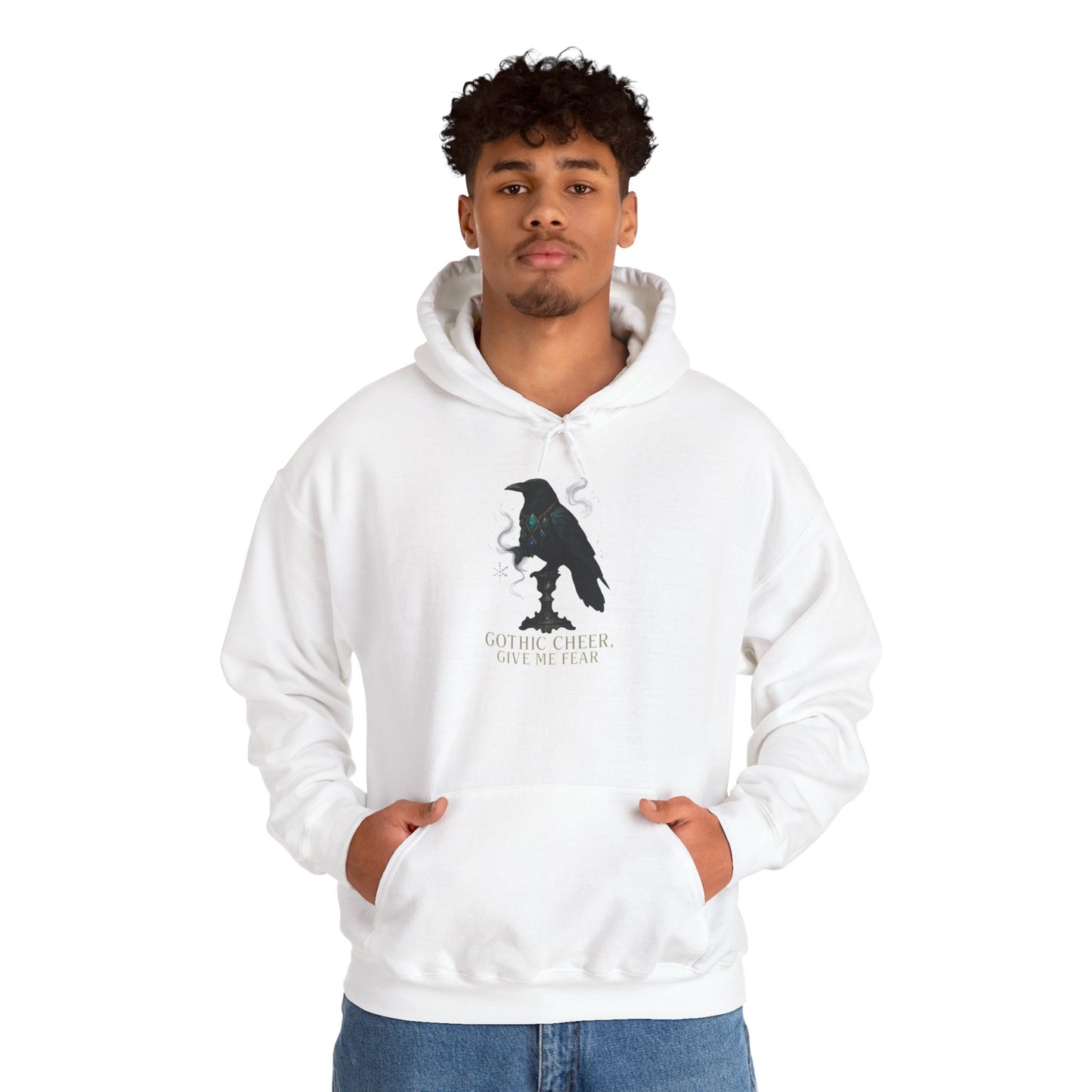 Raven Silhouette Hoodie — "Gothic Cheer, Give Me Fear" Graphic Pullover