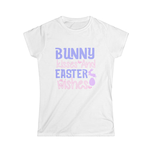 Bunny Kisses and Easter Wishes Women's Softstyle T-shirt, Cute Pastel Tee for Easter Celebrations, Perfect Gift for Her