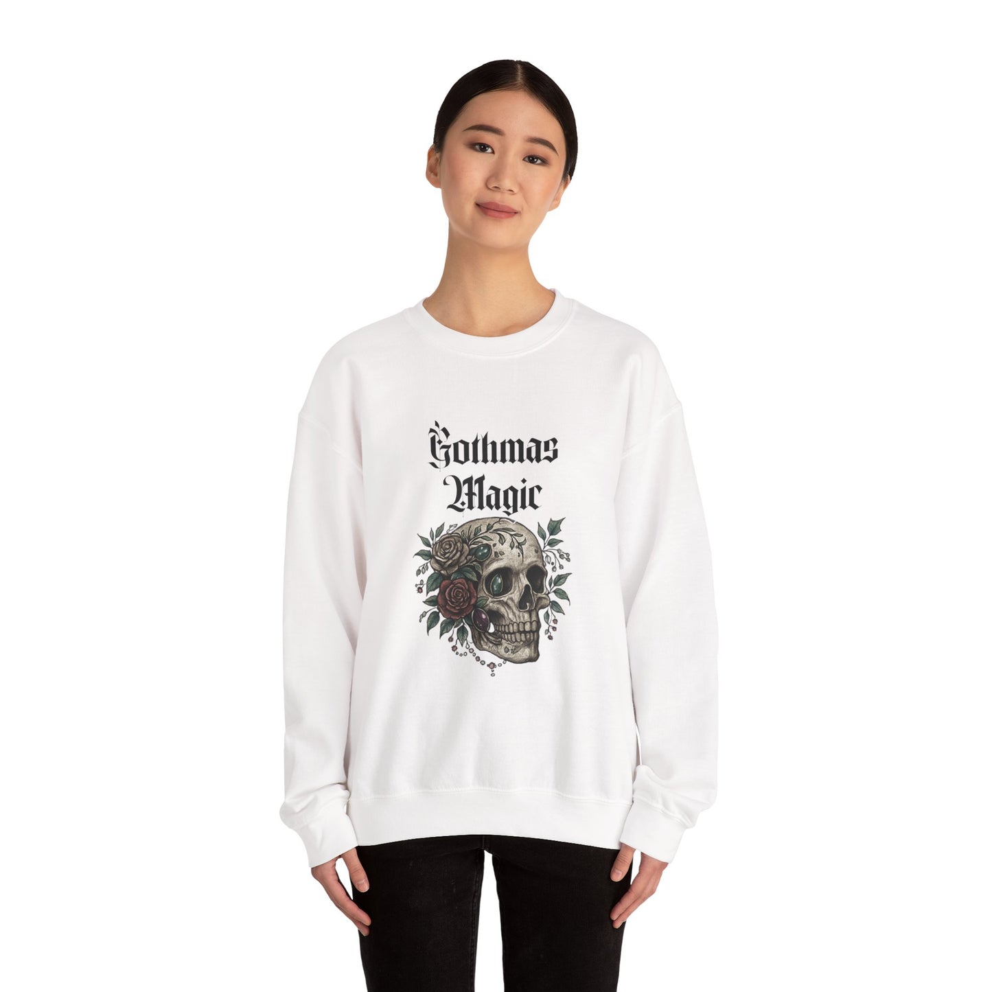 Crewneck Sweatshirt — Gothmas Magic Skull & Roses Holiday Gothic Pullover
