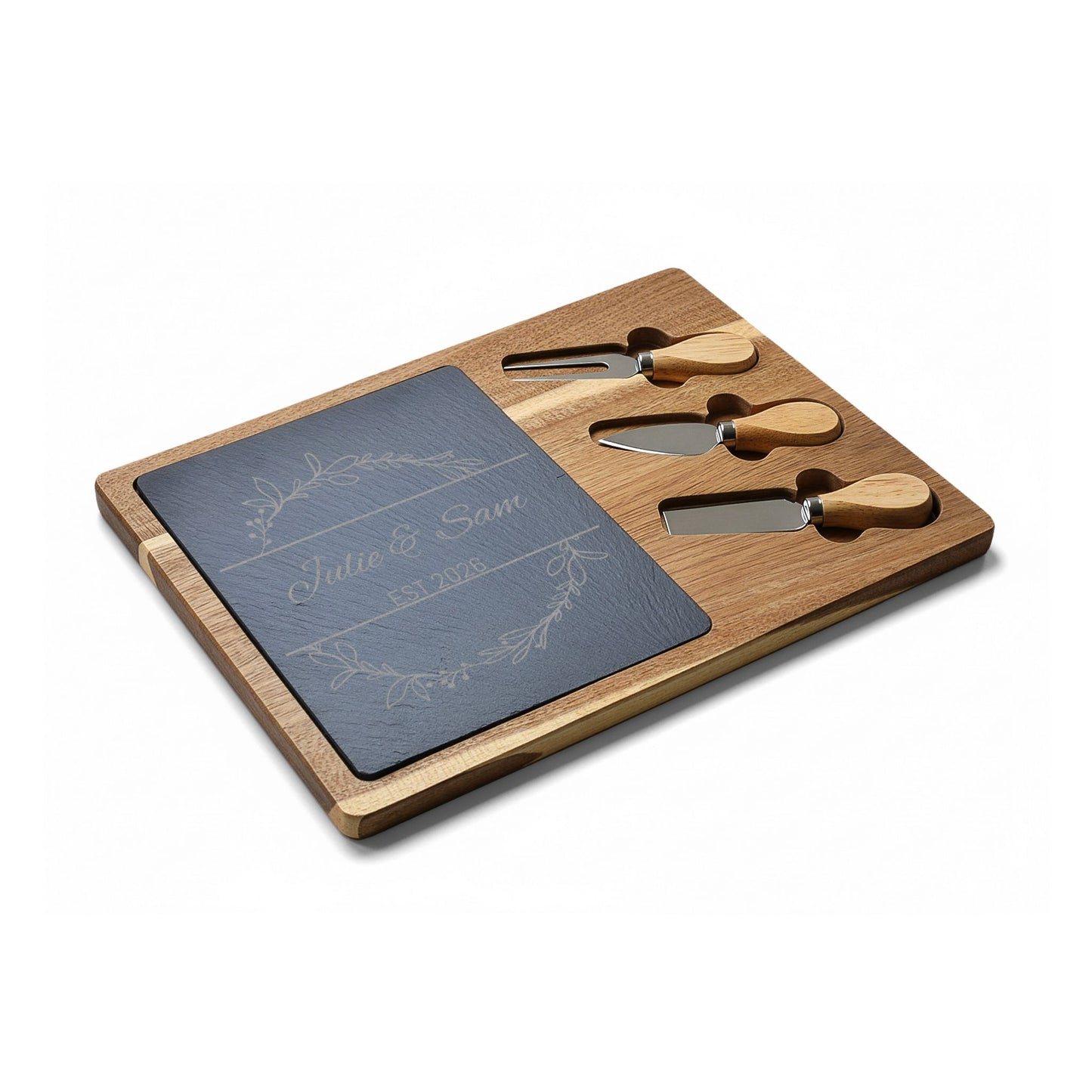 Personalized Engraved Charcuterie Board with Slate Insert — Custom Name & Established Date