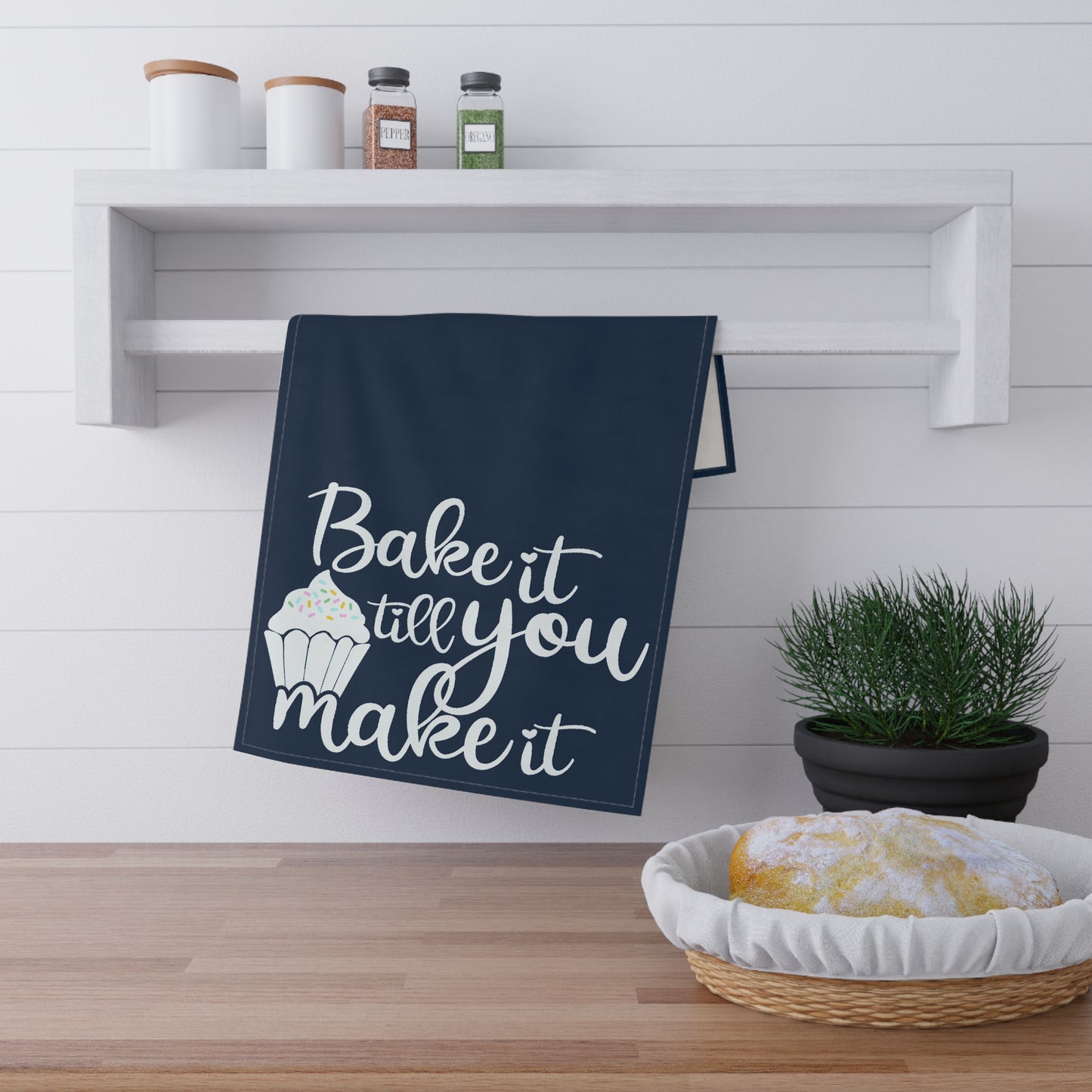 Bake It Till You Make It Kitchen Towel - White on Blue