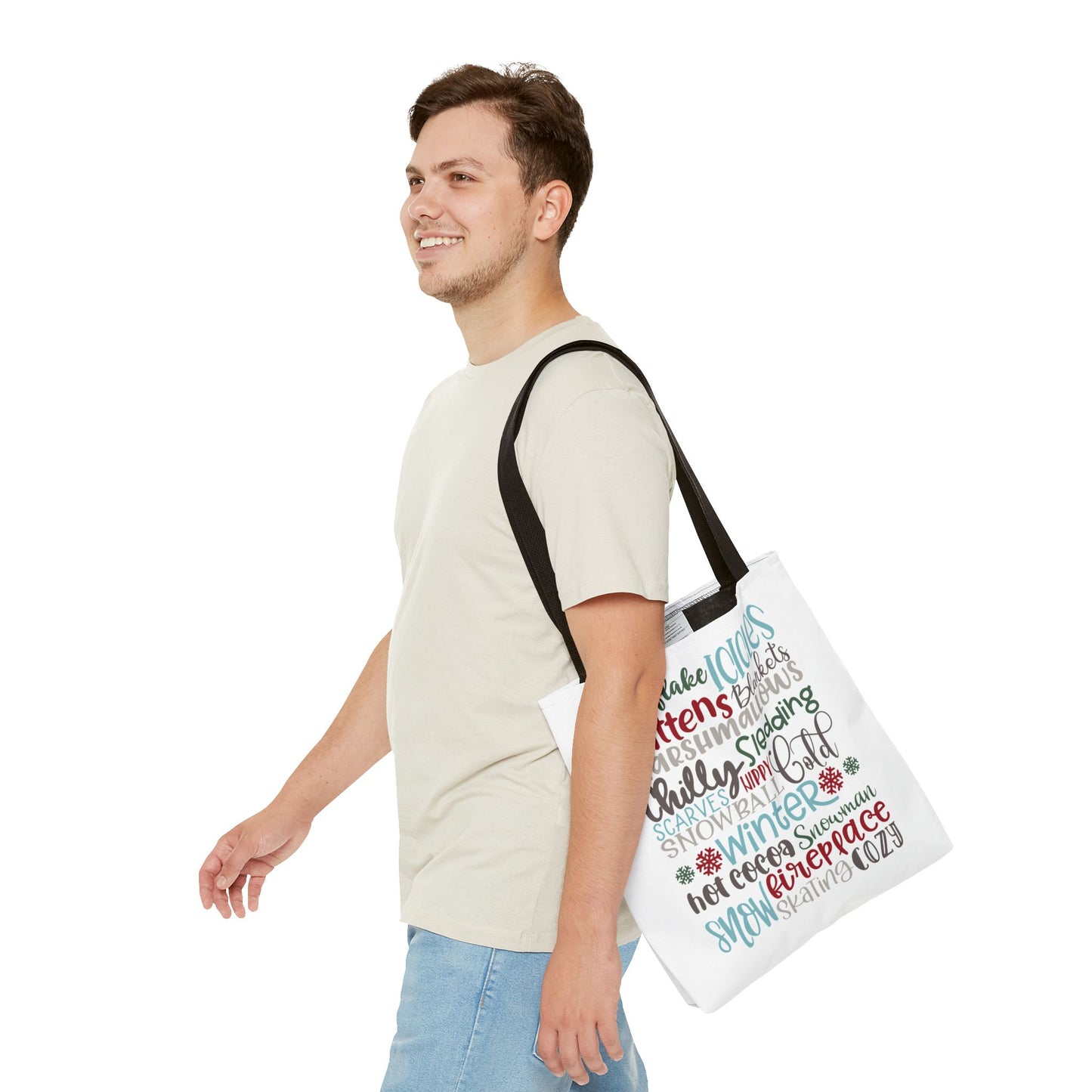 Winter Word Riot Tote Bag — Bold Typographic Holiday Tote