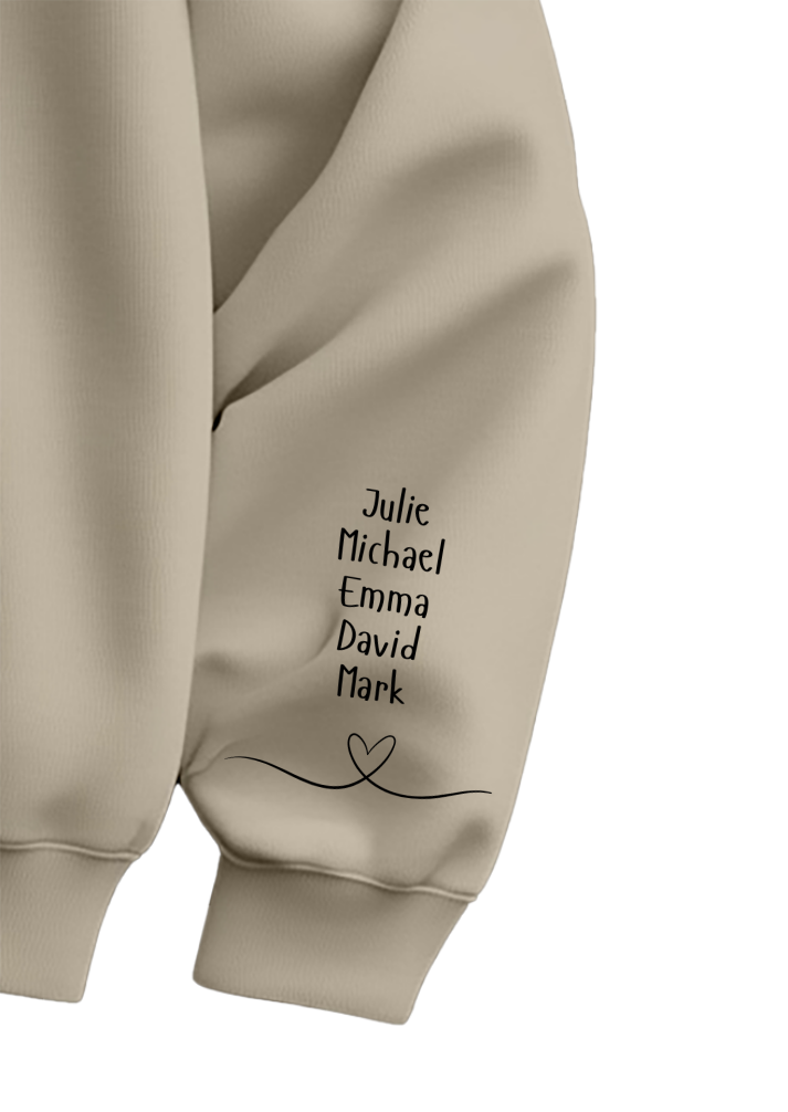 This Mama Wears Her Heart On Her Sleeve Sweatshirt, Custom Kids’ Names Sleeve Design, Unique Mother’s Day Gift