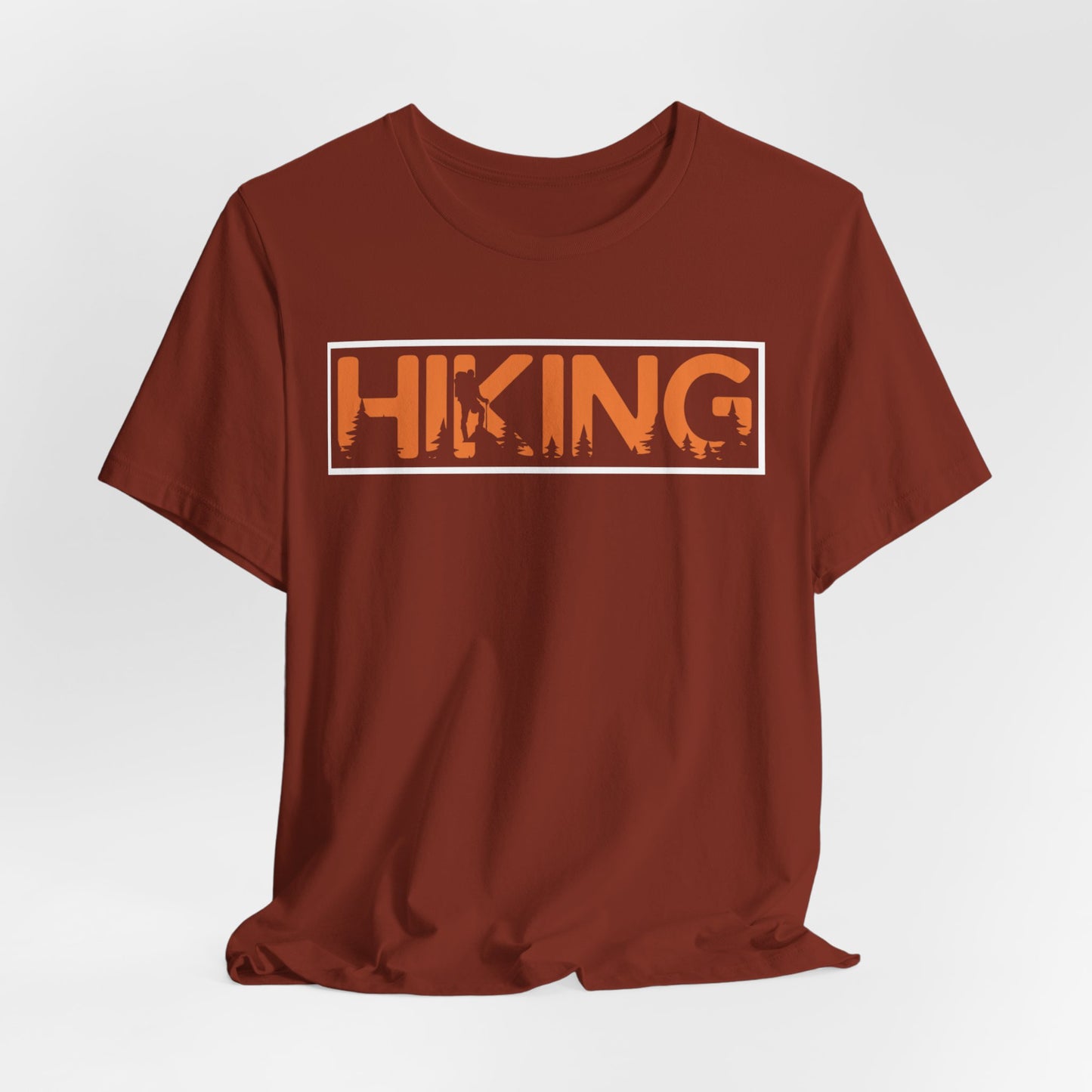 Hiking Graphic Tee — Bold Orange "HIKING" Logo T-Shirt for Outdoor Lovers