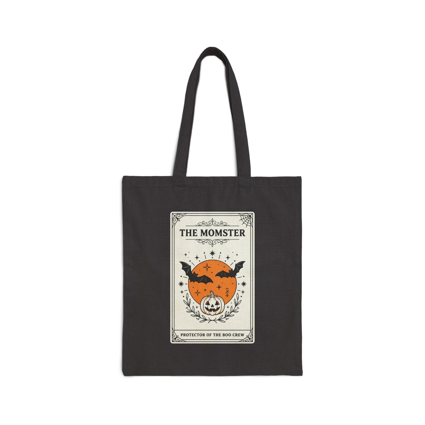 Momster Halloween Tote, spooky pumpkin bat canvas tote, purple orange retro gothic