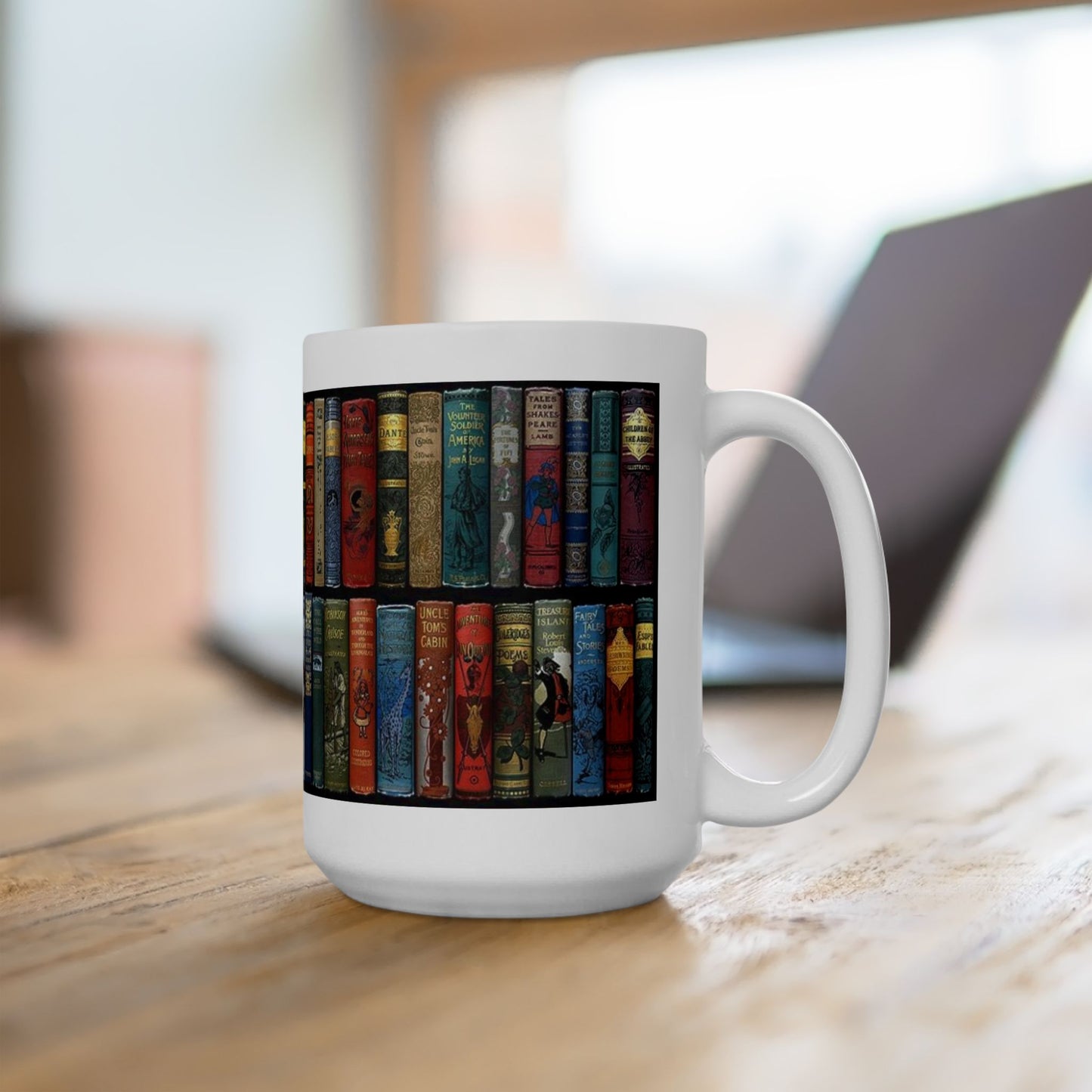 Booklover Ceramic Mug — Vintage Bookshelf Design (11oz & 15oz)