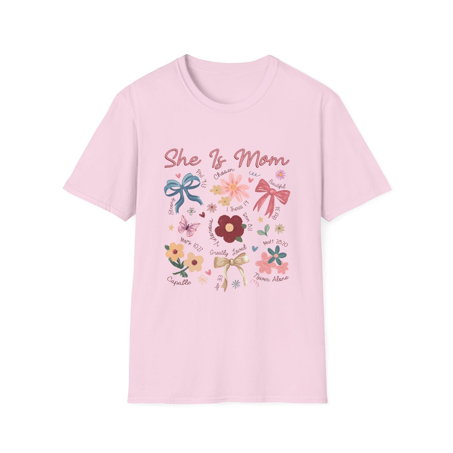 Christian T-Shirt for Moms, Floral 'She Is Mom' Unisex Softstyle T-Shirt – Perfect Gift for Mother's Day