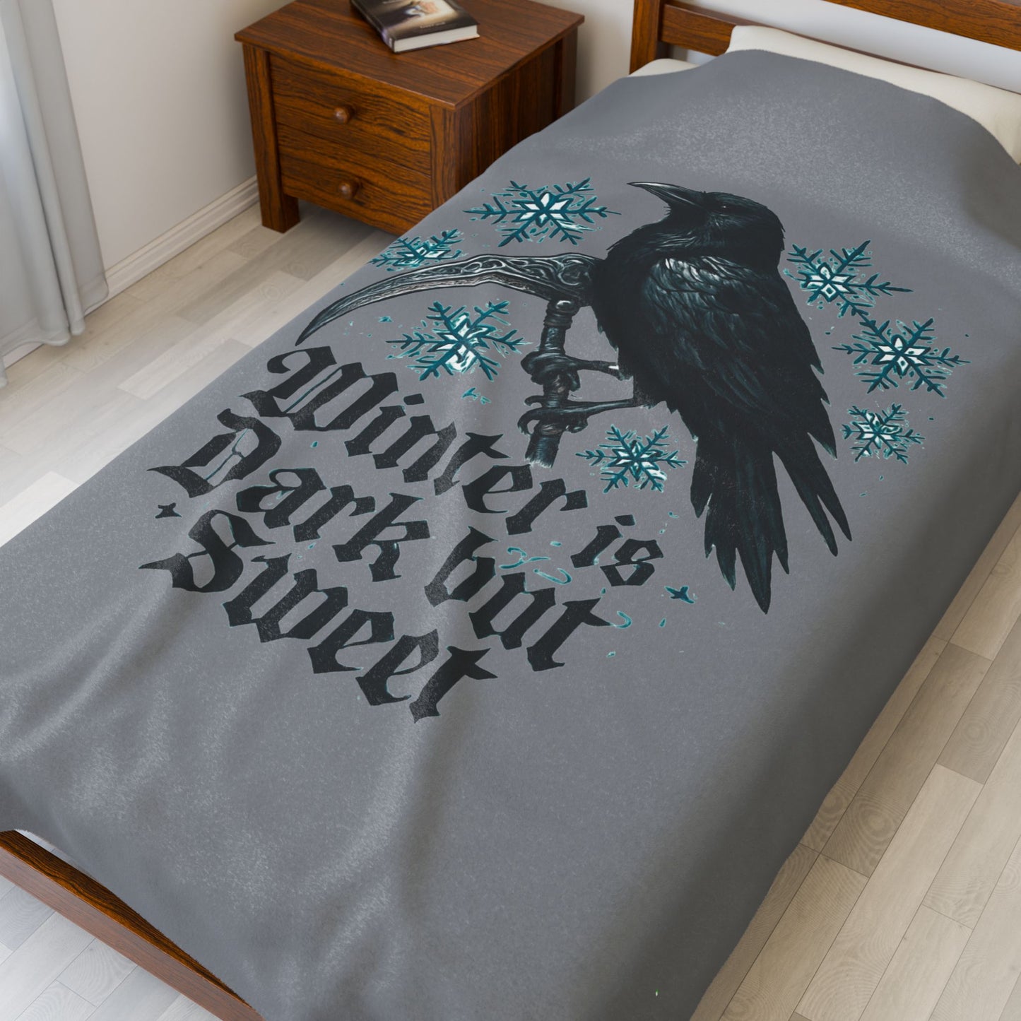 Velveteen Blanket - 'Winter is Dark but Sweet' Raven Snowflake Plush Throw