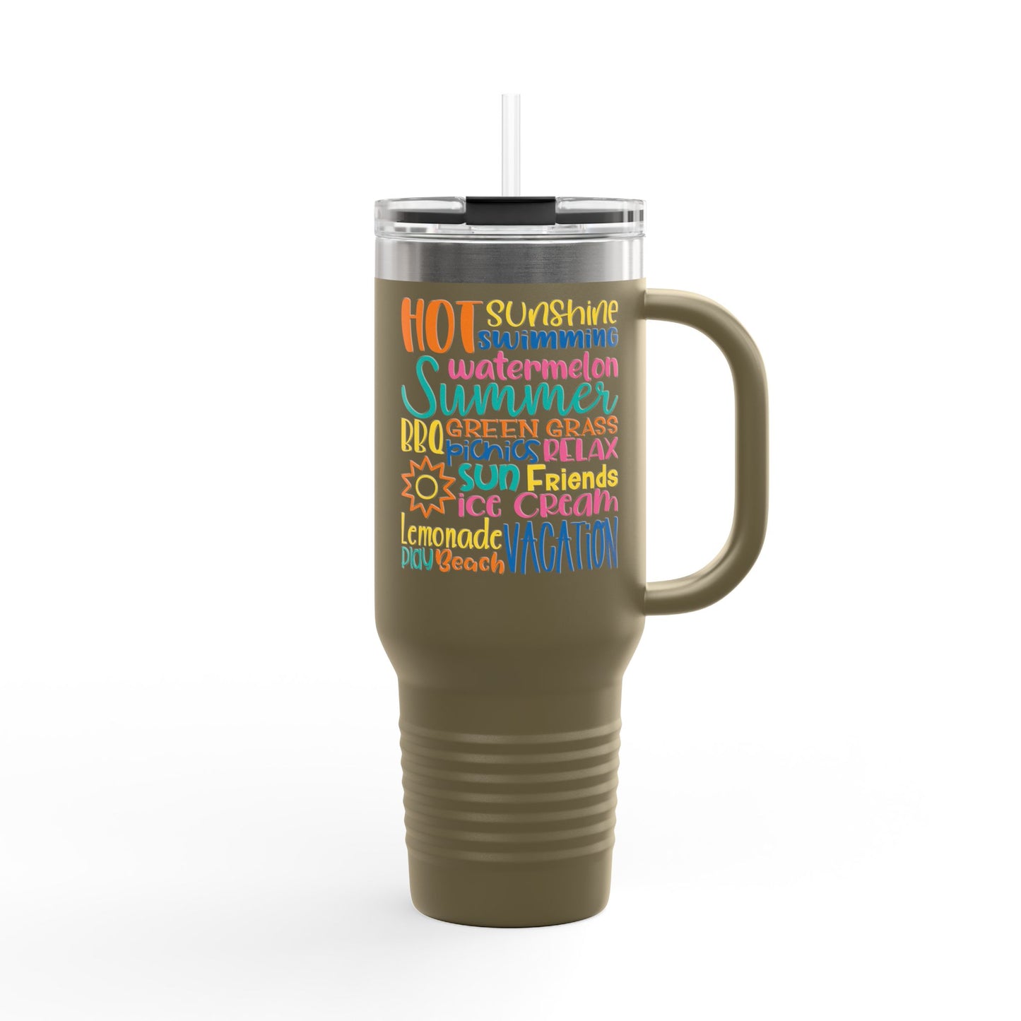 40oz Insulated Travel Mug – Colorful Summer Word Art, Vacation & Beach Tumbler
