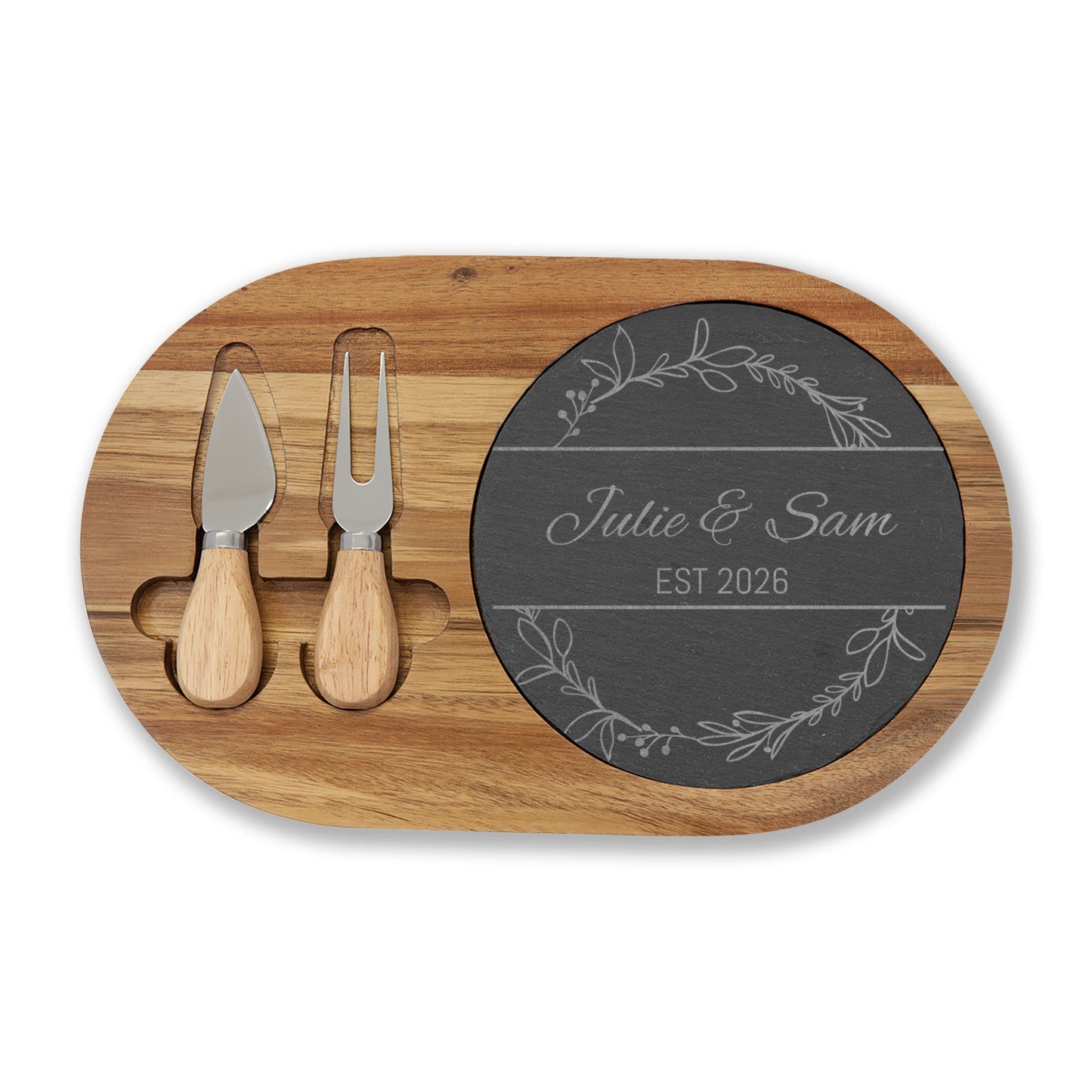 Personalized Engraved Charcuterie Board with Slate Insert — Custom Name & Established Date