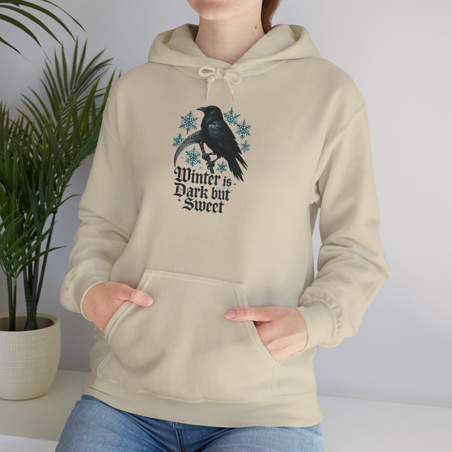 Winter Is Dark But Sweet Hoodie — Raven & Snowflake Graphic Hooded Sweatshirt