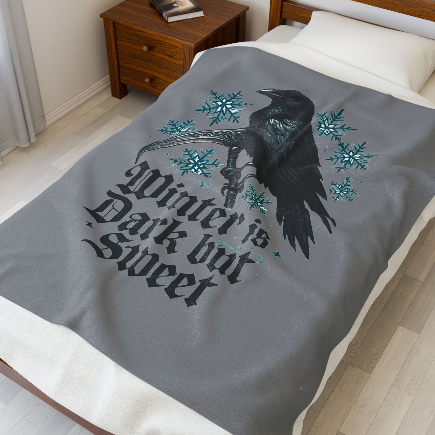 Velveteen Blanket - 'Winter is Dark but Sweet' Raven Snowflake Plush Throw