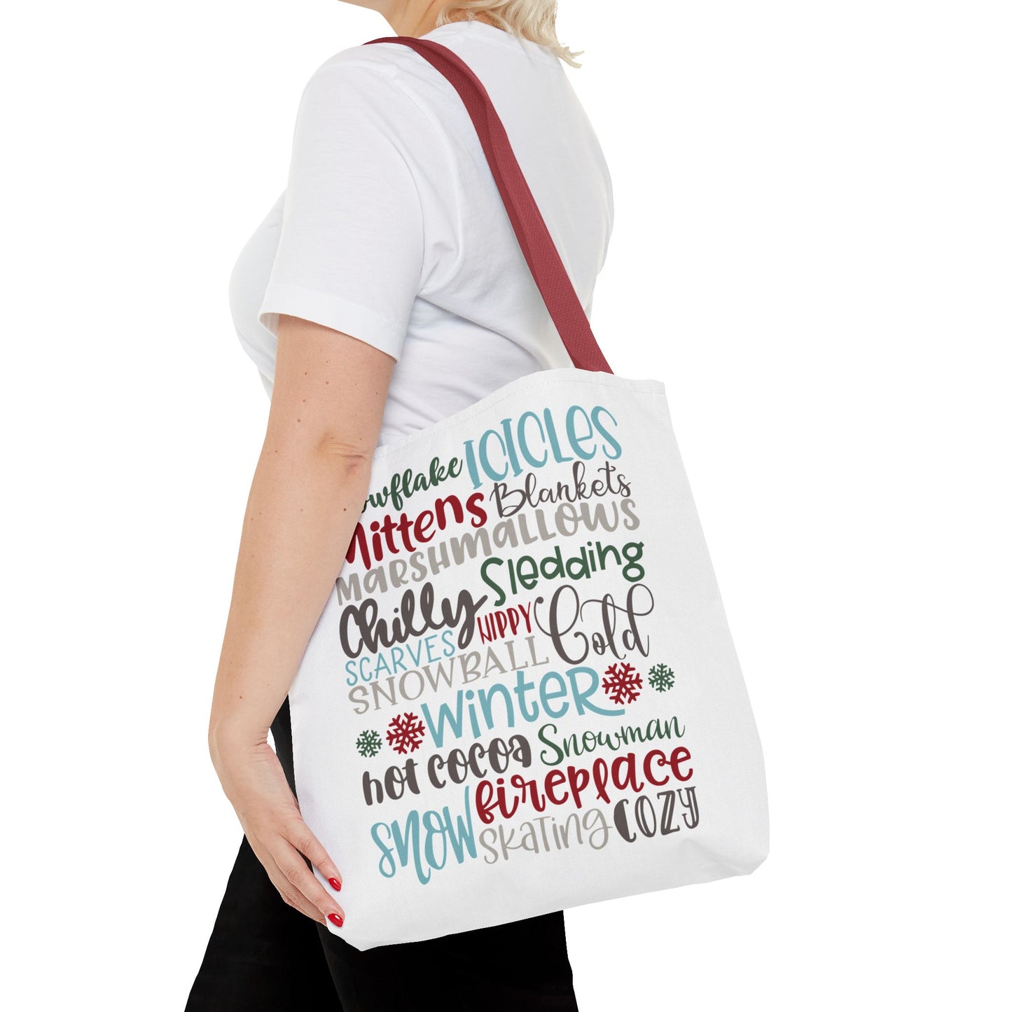 Winter Word Riot Tote Bag — Bold Typographic Holiday Tote