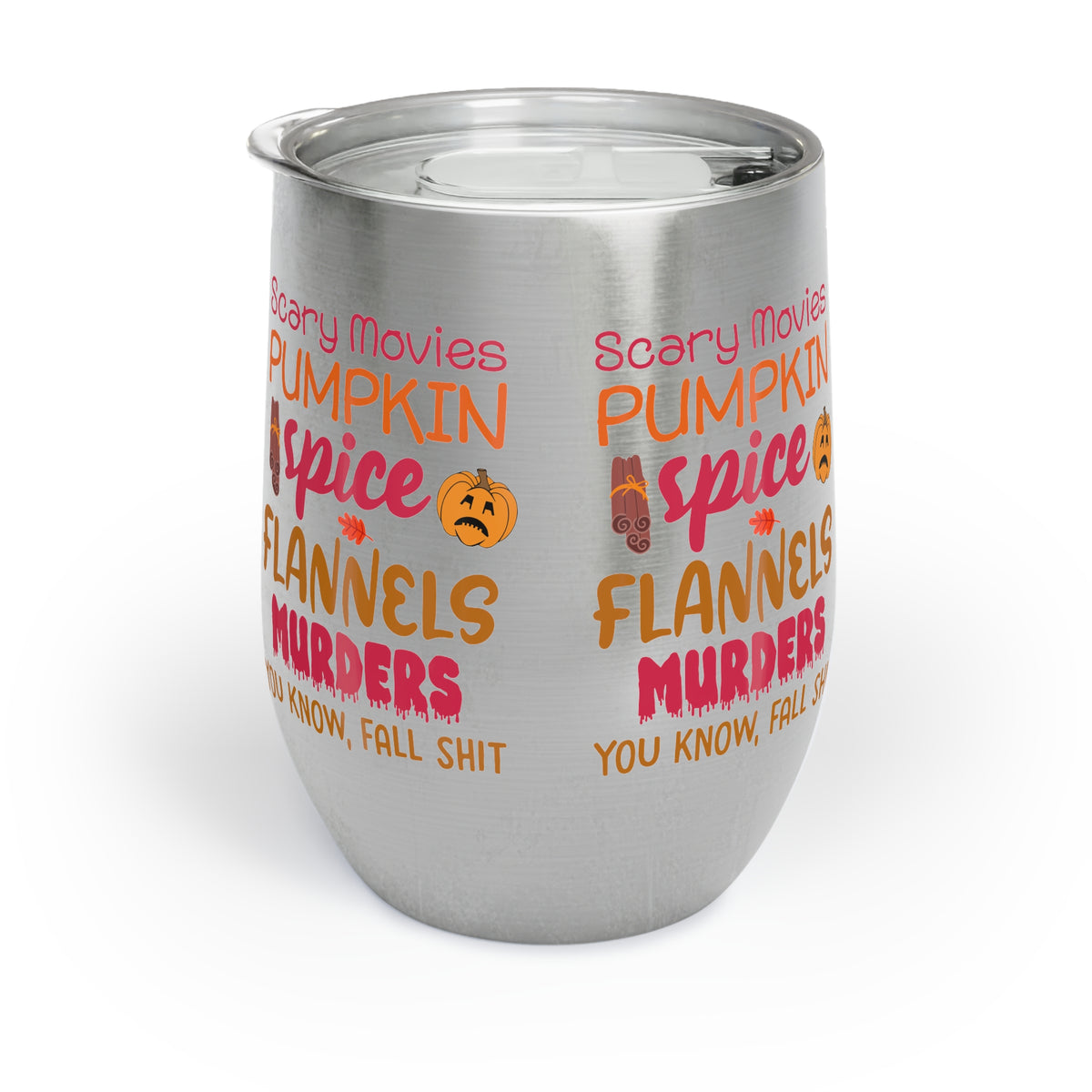 Fall Vibes Tumbler, Scary Movies Pumpkin Spice Wine Cup, Insulated Halloween Gift for Her, Cozy Autumn Lover