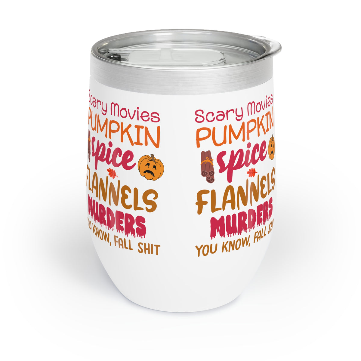 Fall Vibes Tumbler, Scary Movies Pumpkin Spice Wine Cup, Insulated Halloween Gift for Her, Cozy Autumn Lover