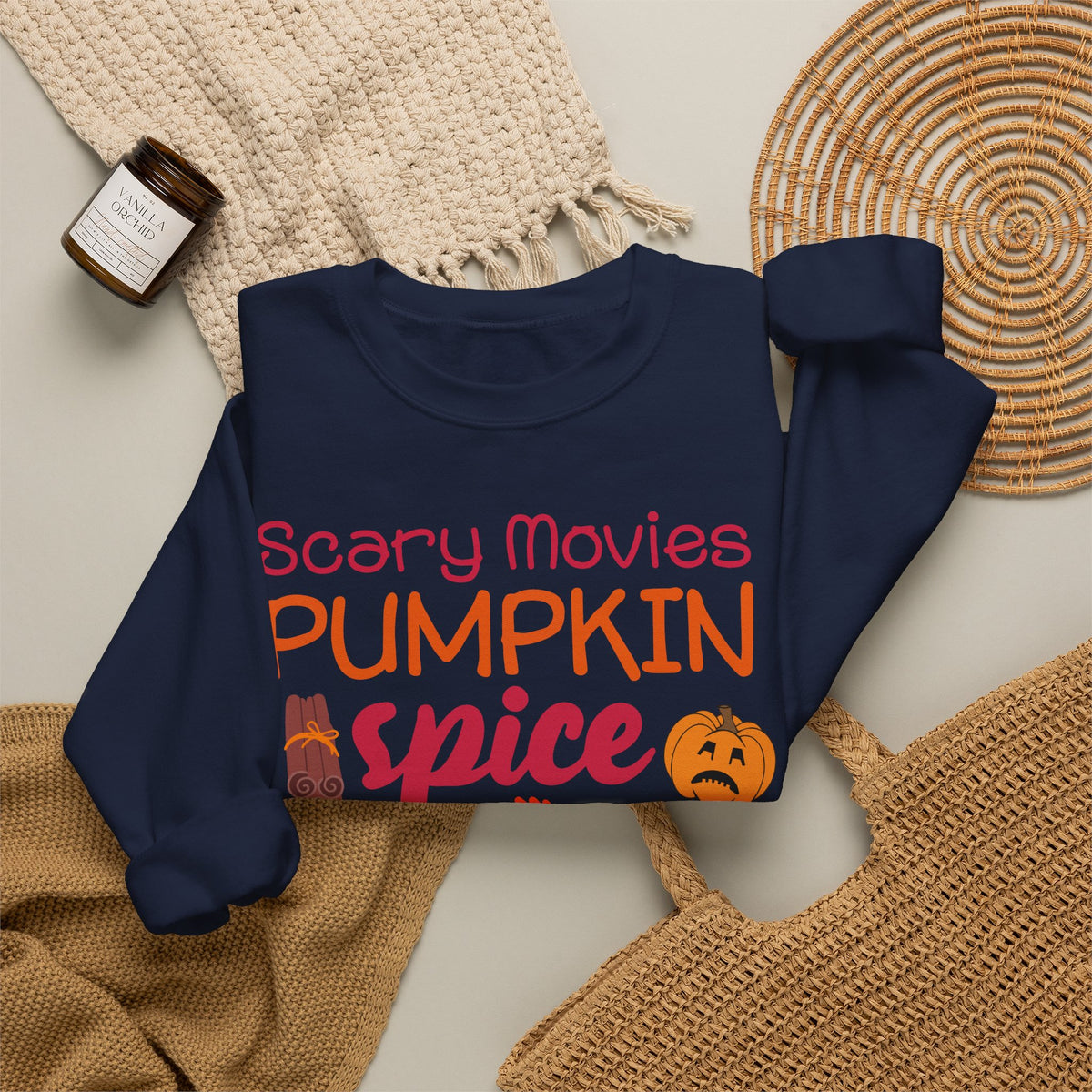 Fall Vibes Sweatshirt — "Scary Movies Pumpkin Spice Flannels Murders" Cozy Crewneck