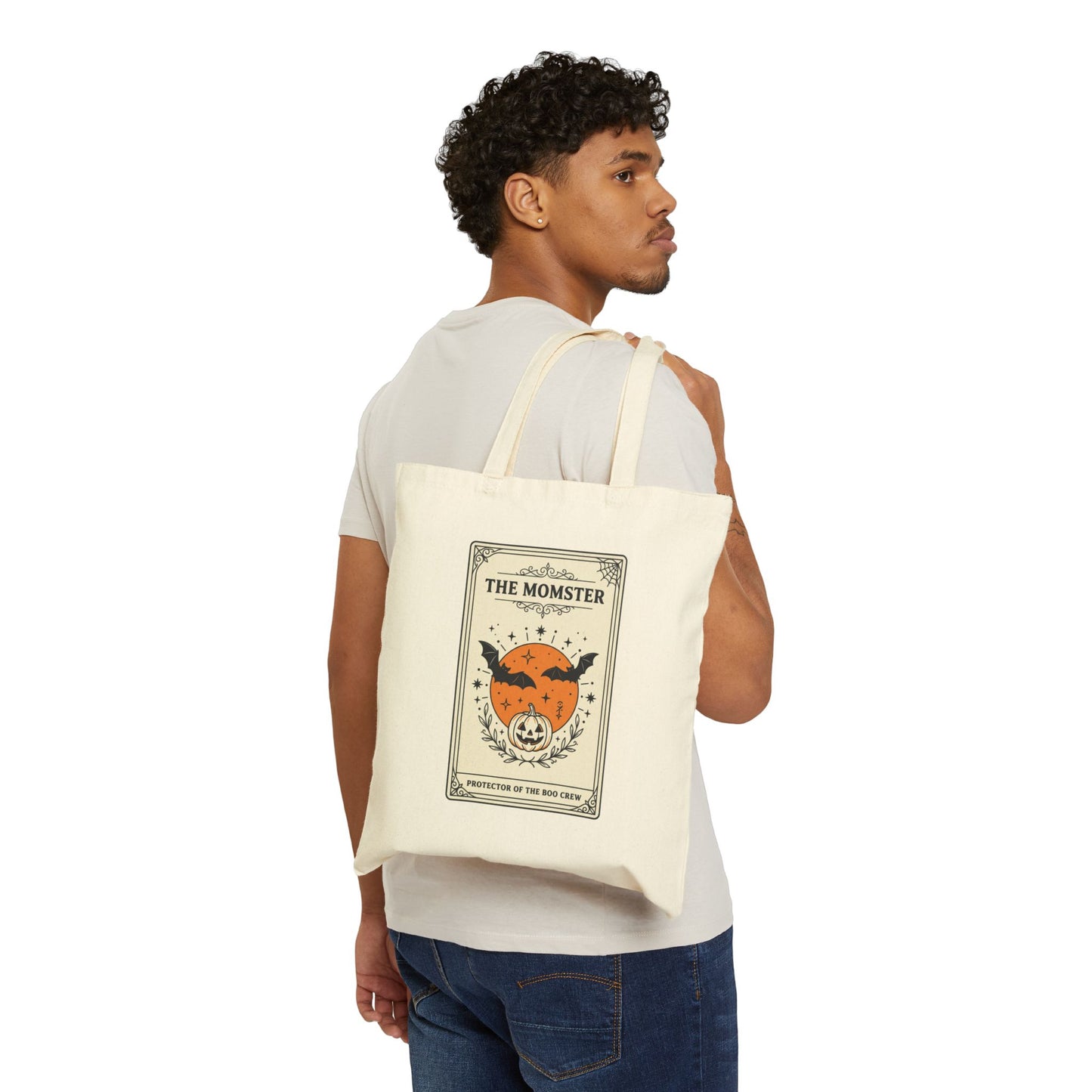 Momster Halloween Tote, spooky pumpkin bat canvas tote, purple orange retro gothic