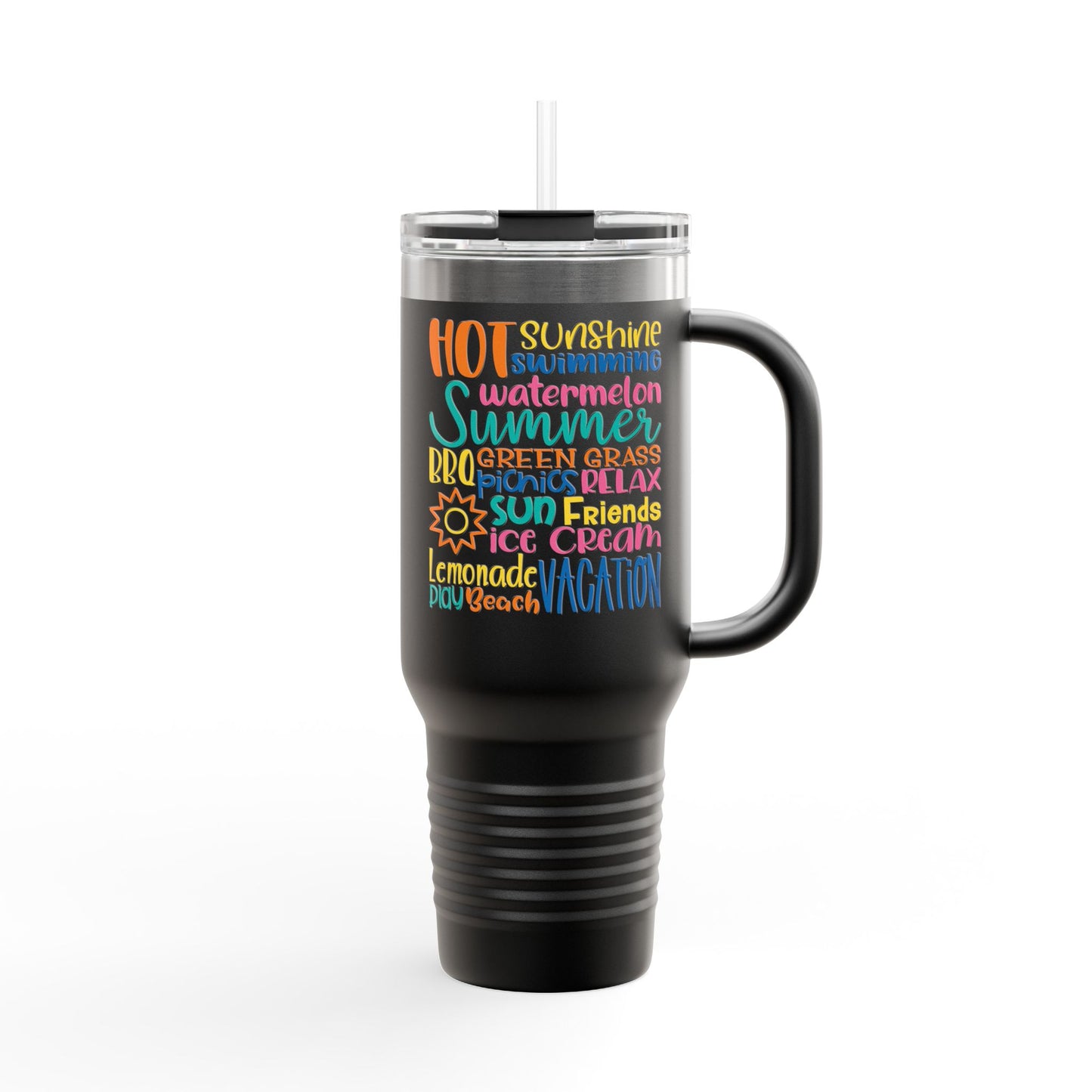 40oz Insulated Travel Mug – Colorful Summer Word Art, Vacation & Beach Tumbler