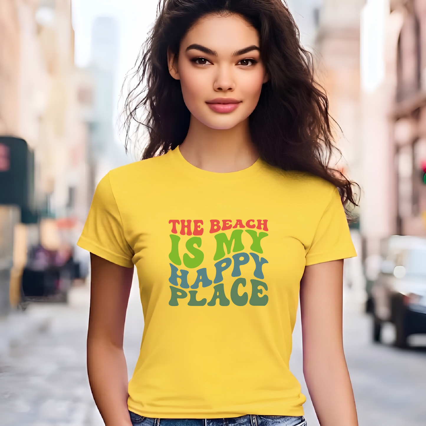 Women's Tee — "The Beach Is My Happy Place" Retro Graphic