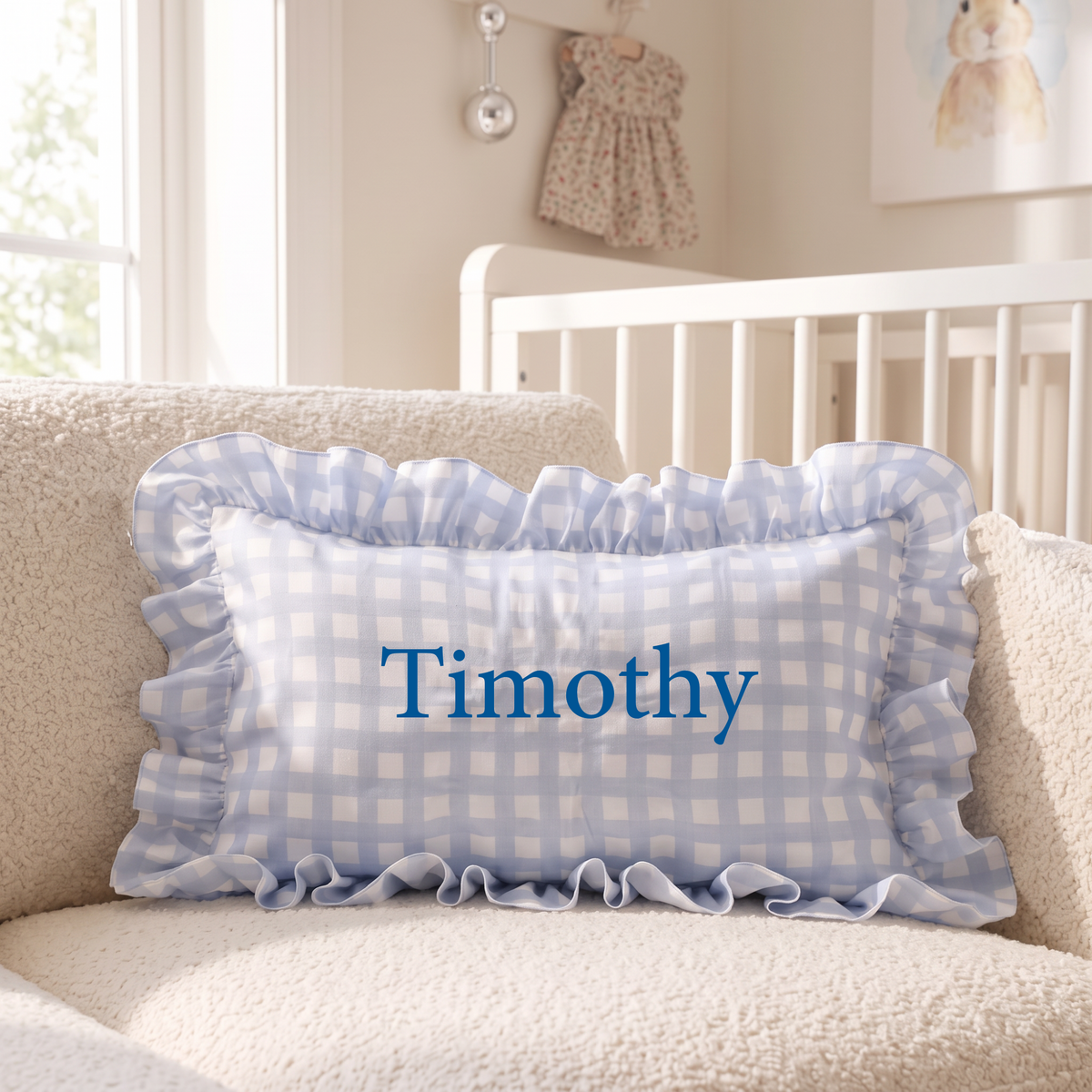 Personalized Embroidered Monogram Ruffled Pillow, Custom Name Nursery Decor Cushion, Baby Room Decor, Dorm Room Pillow, Slumber Party Gift Everbee logoEmbroidered Linen Pillow With Ruffles