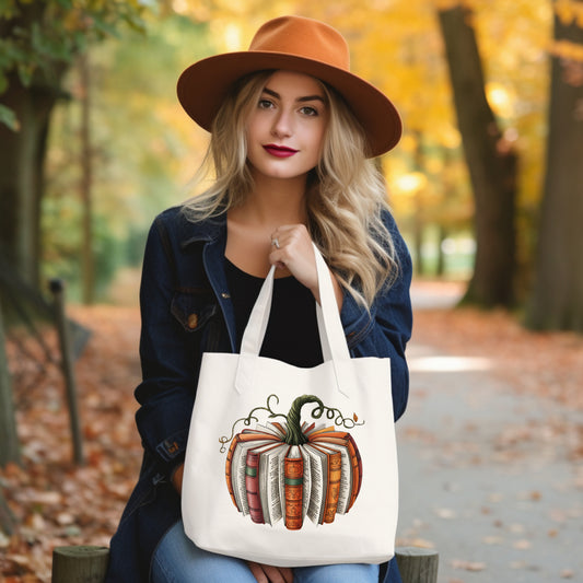 Fall Pumpkin Book Tote Bag, Autumn Reader Carryall, Reusable Library Shopping Bag, Cozy Seasonal Gift for Book Lovers