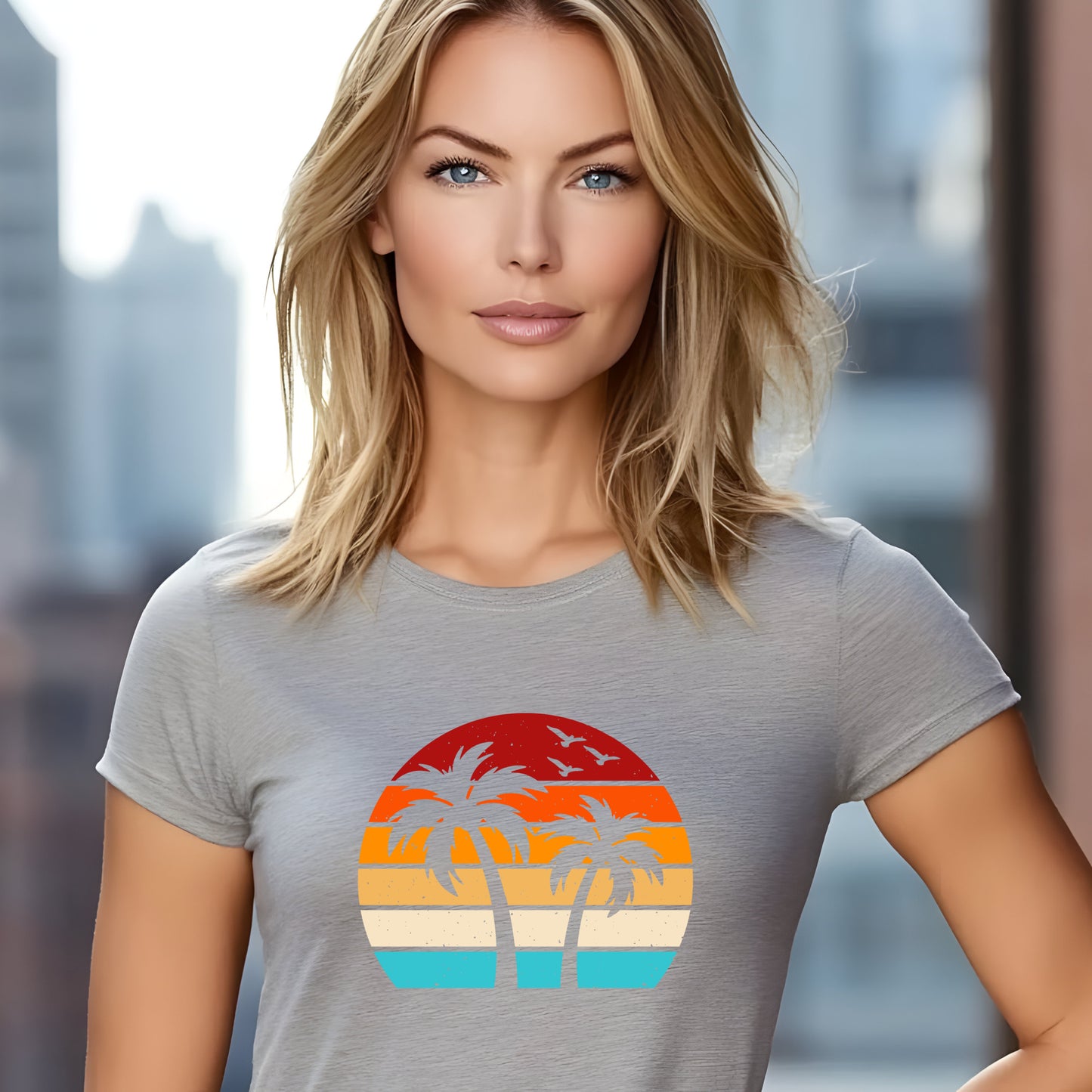 Women's Palm Sunset Tee — Retro Beach Palm Tree Graphic T-Shirt