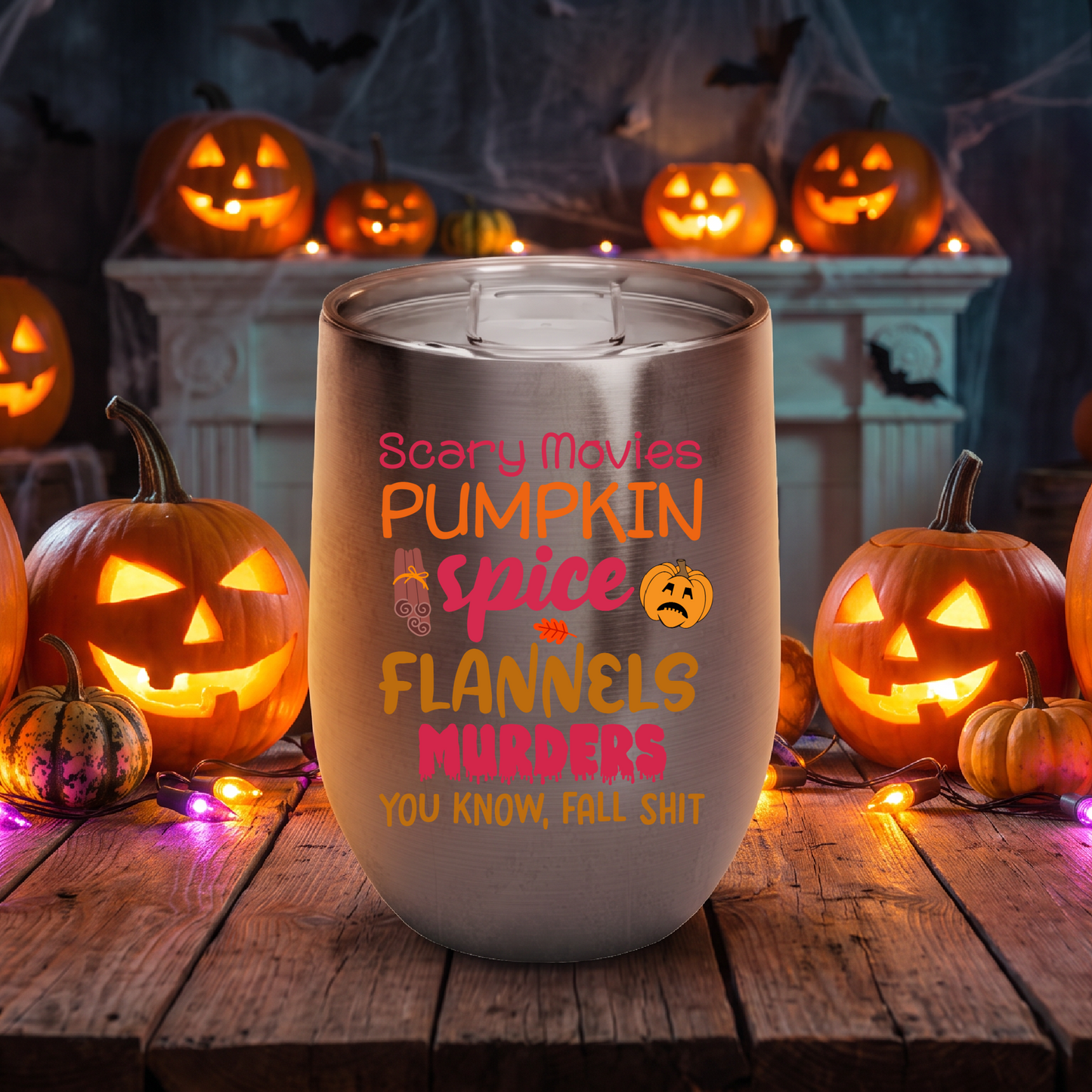 Fall Vibes Tumbler, Scary Movies Pumpkin Spice Wine Cup, Insulated Halloween Gift for Her, Cozy Autumn Lover