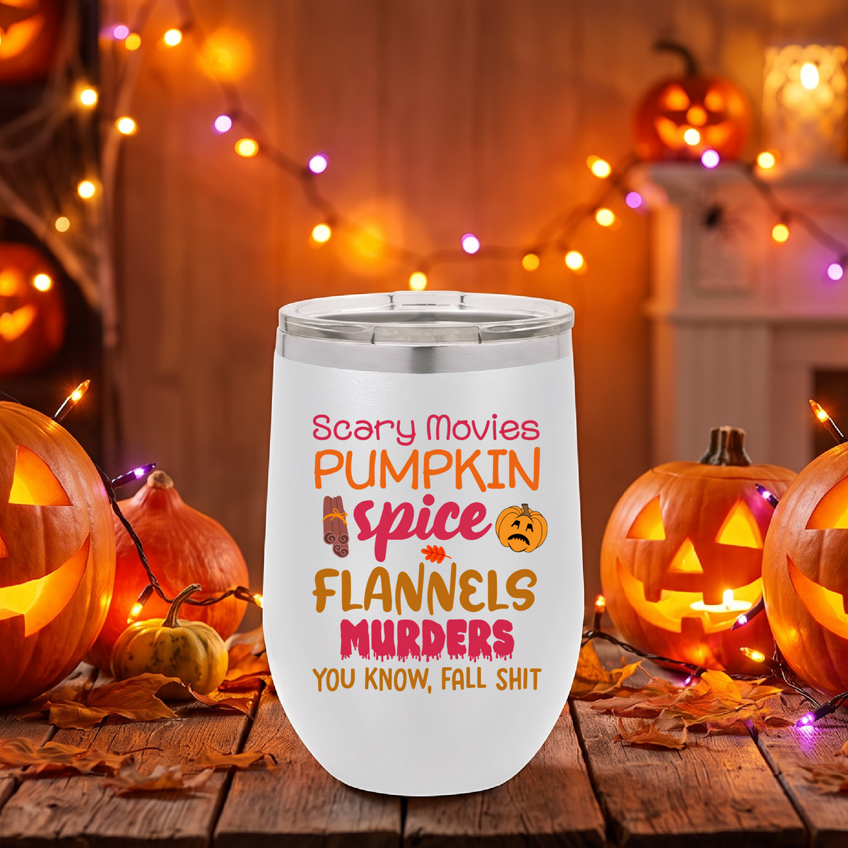 Fall Vibes Tumbler, Scary Movies Pumpkin Spice Wine Cup, Insulated Halloween Gift for Her, Cozy Autumn Lover