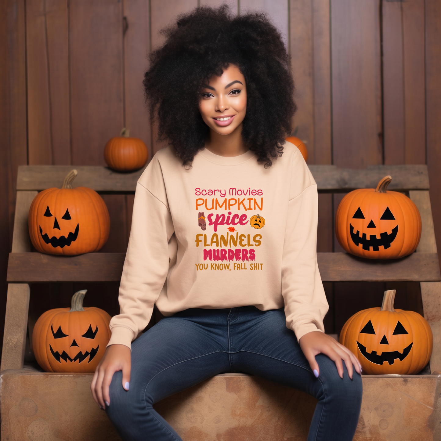 Fall Vibes Sweatshirt — "Scary Movies Pumpkin Spice Flannels Murders" Cozy Crewneck