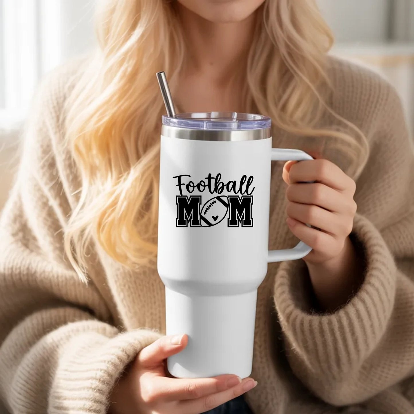 Football Mom Insulated Travel Mug 40oz – Cool-Handled Stainless Tumbler for Game Days