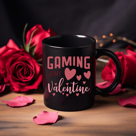 Gaming Game is My Valentine Black Ceramic Coffee Cup, Cute Gamer Valentine Gift (11oz/15oz)