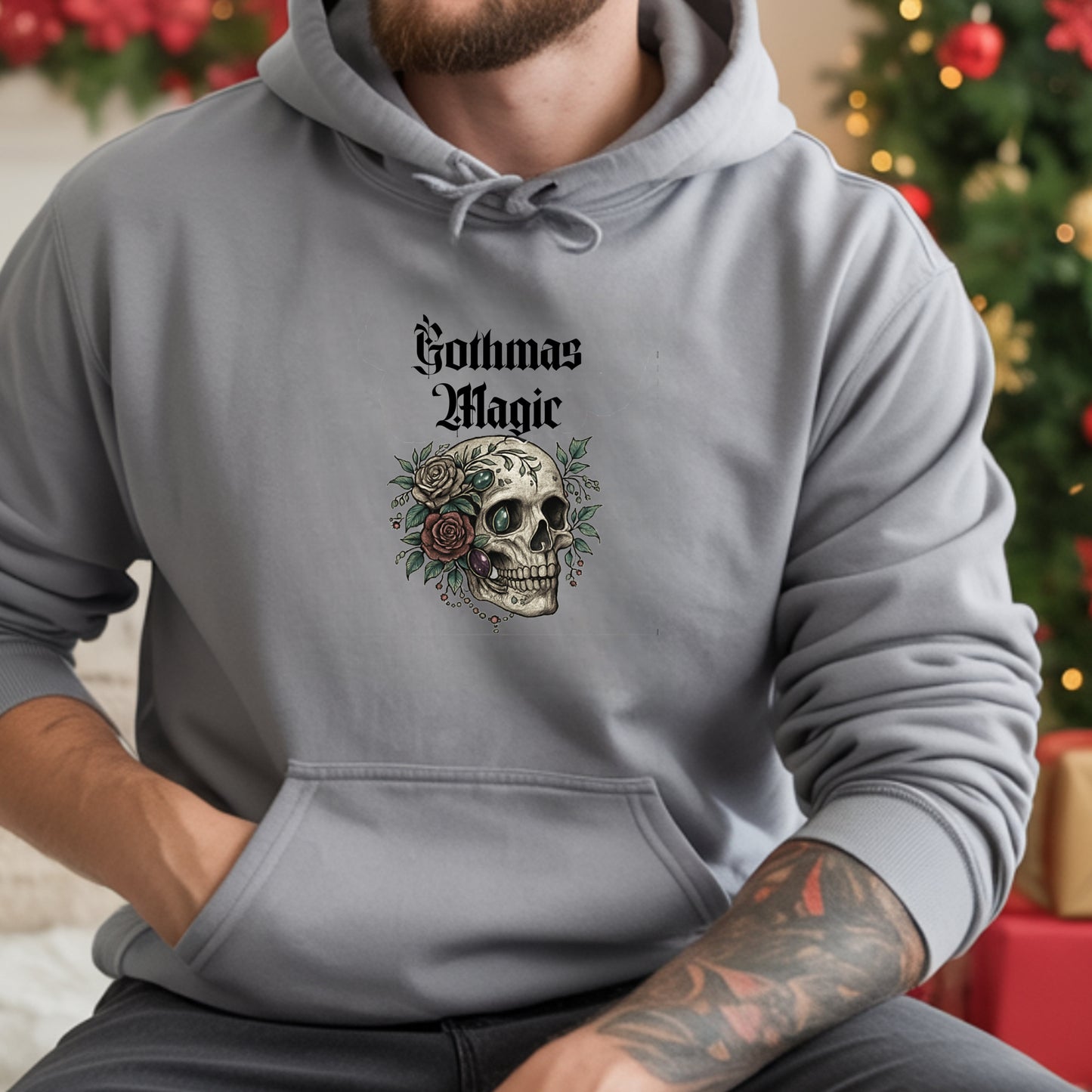 Gothmas Magic Hoodie — Skull & Wreath Gothic Holiday Sweatshirt