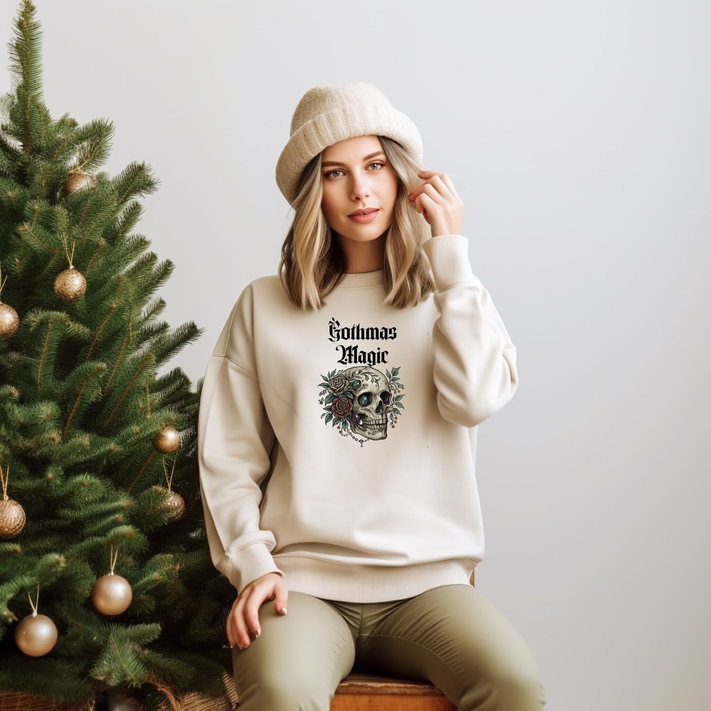 Crewneck Sweatshirt — Gothmas Magic Skull & Roses Holiday Gothic Pullover