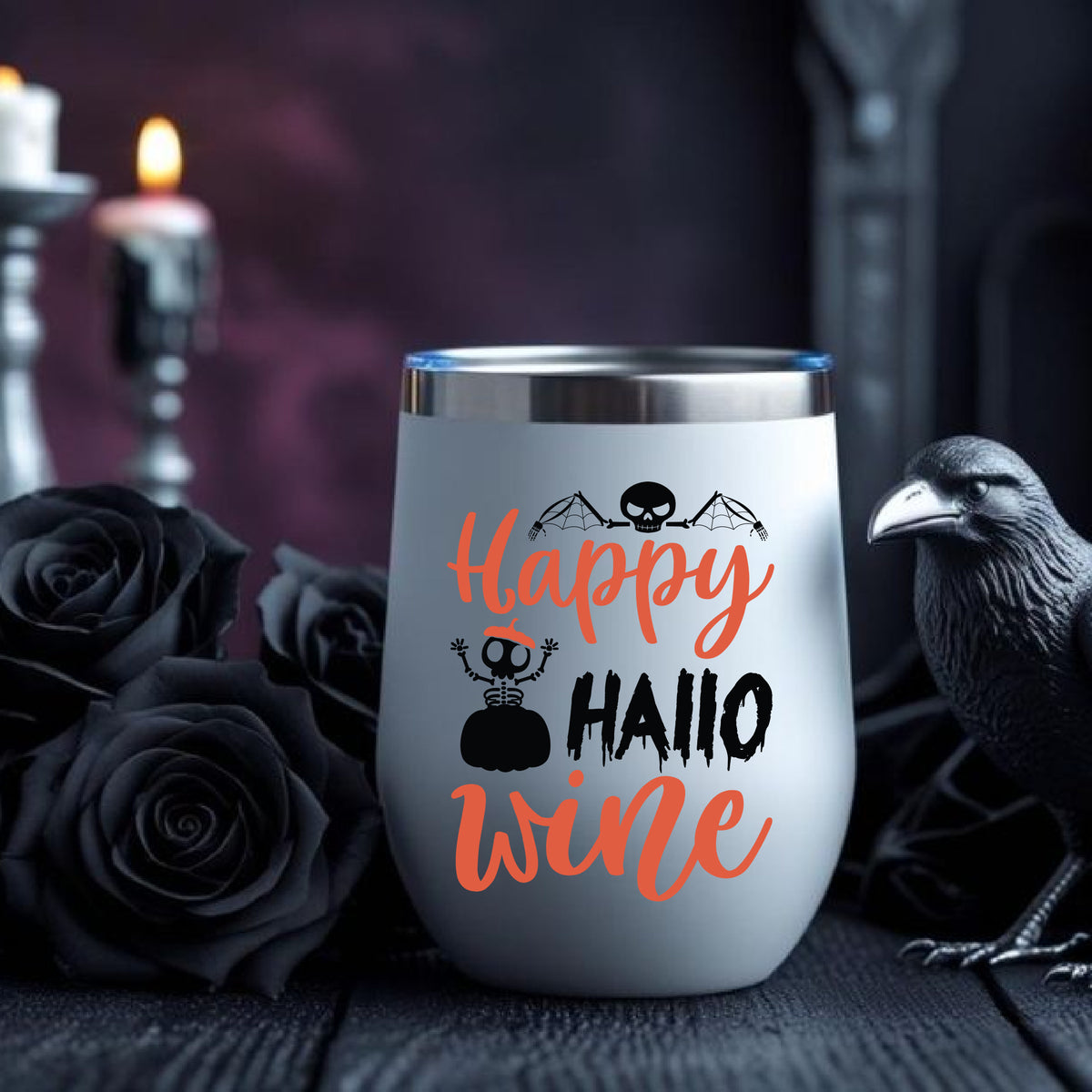 Happy Hallowine Wine Tumbler, Halloween Drink Cup, Reusable Insulated Wine Holder for Fall Parties, Spooky Season Gift