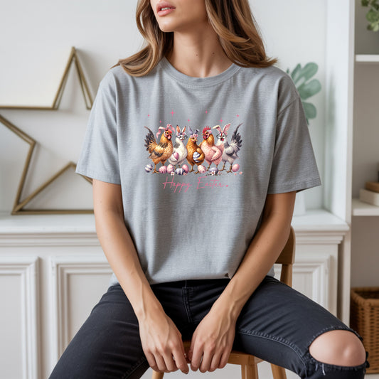 Easter Hens T-Shirt — Cute Chickens & Eggs "Happy Easter" Graphic