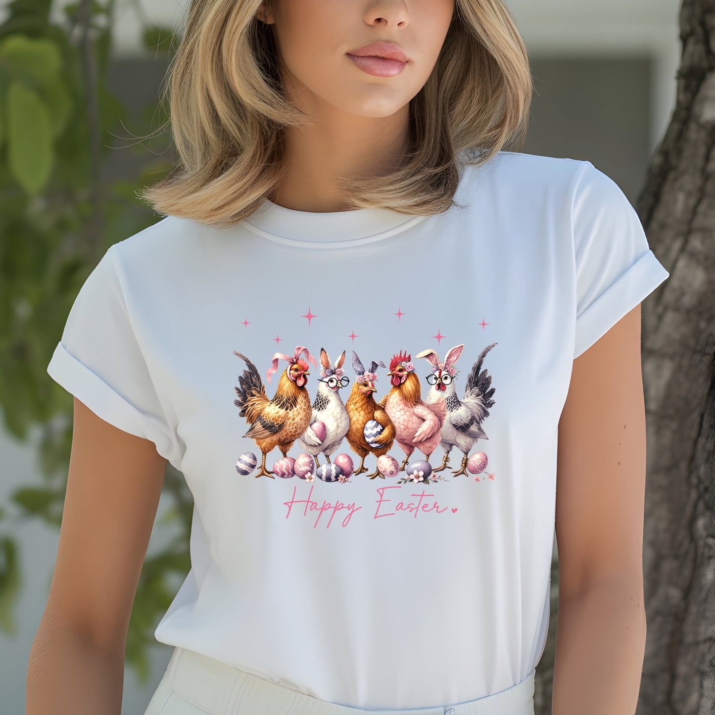 Easter Hens T-Shirt — Cute Chickens & Eggs "Happy Easter" Graphic