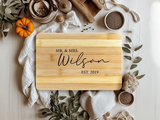 Personalized Mr. & Mrs. Bamboo Cutting Board with Name & Wedding Date