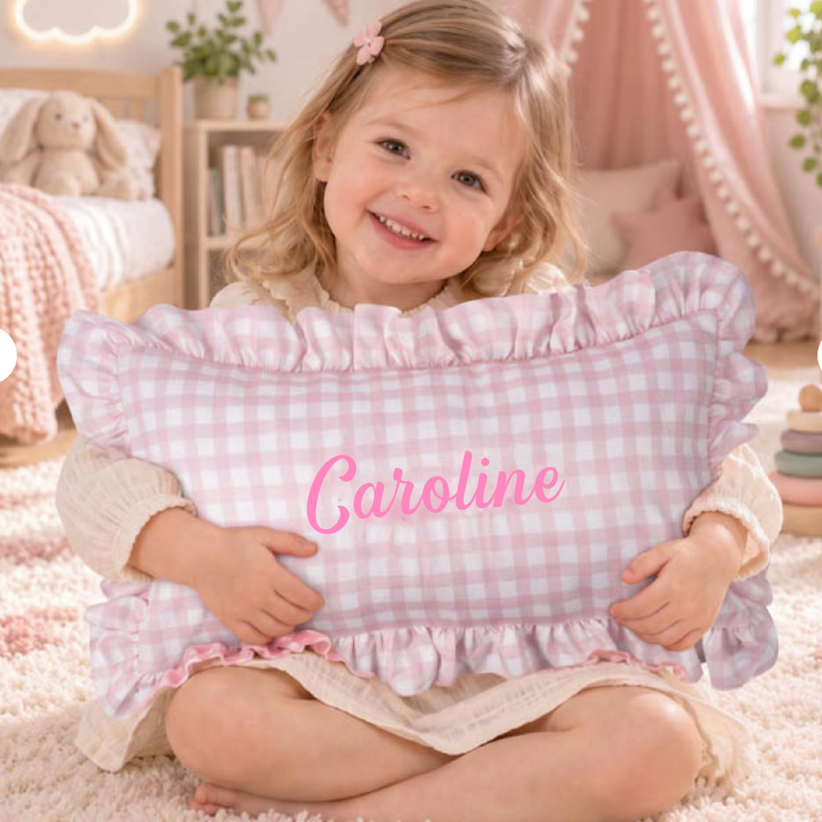 Personalized Embroidered Monogram Ruffled Pillow, Custom Name Nursery Decor Cushion, Baby Room Decor, Dorm Room Pillow, Slumber Party Gift Everbee logoEmbroidered Linen Pillow With Ruffles