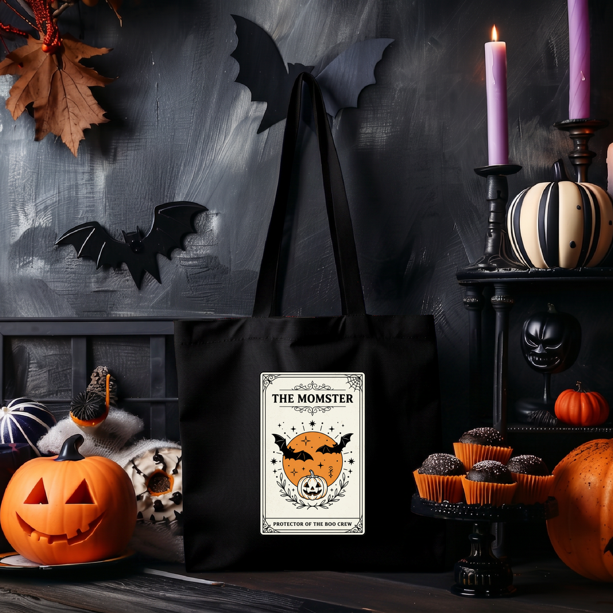 Momster Halloween Tote, spooky pumpkin bat canvas tote, purple orange retro gothic