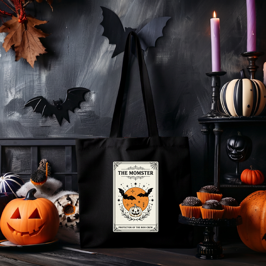 Momster Halloween Tote, spooky pumpkin bat canvas tote, purple orange retro gothic