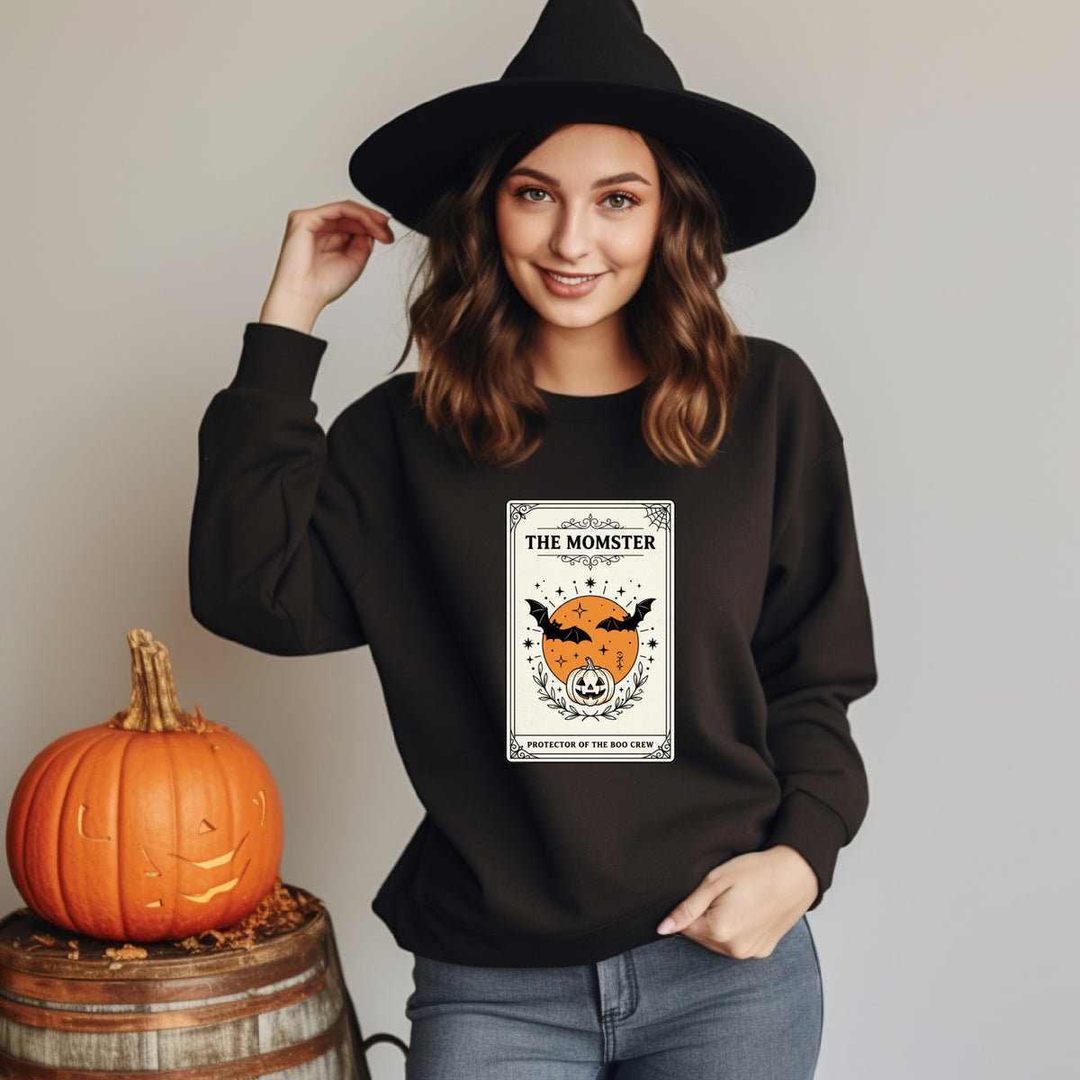 Momster Halloween Crest Crewneck Sweatshirt | bats, pumpkin, gothic vintage