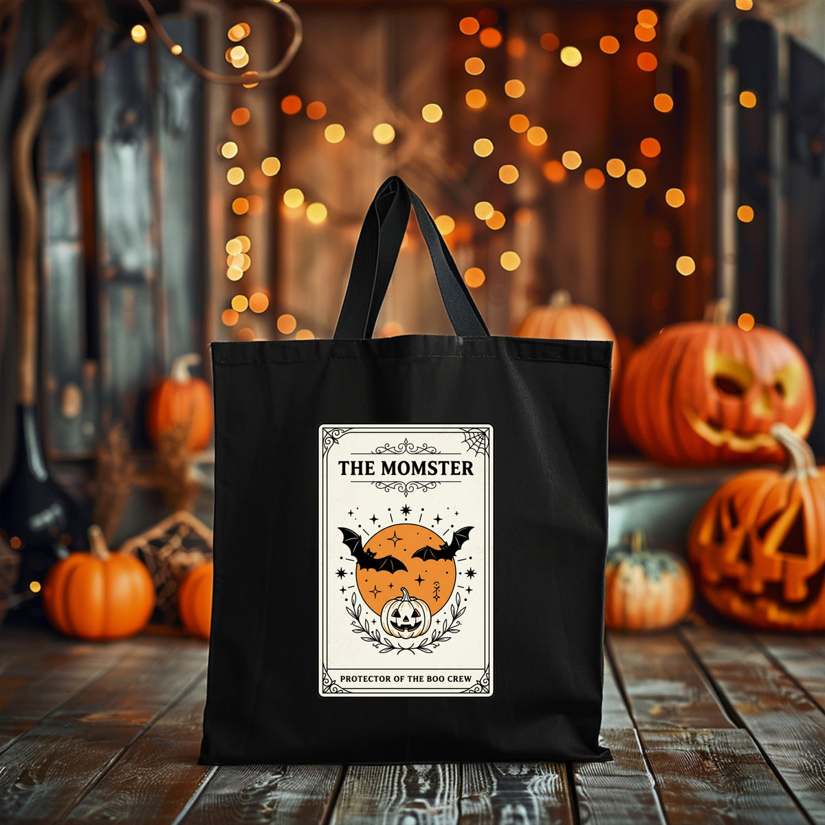 Momster Halloween Tote, spooky pumpkin bat canvas tote, purple orange retro gothic