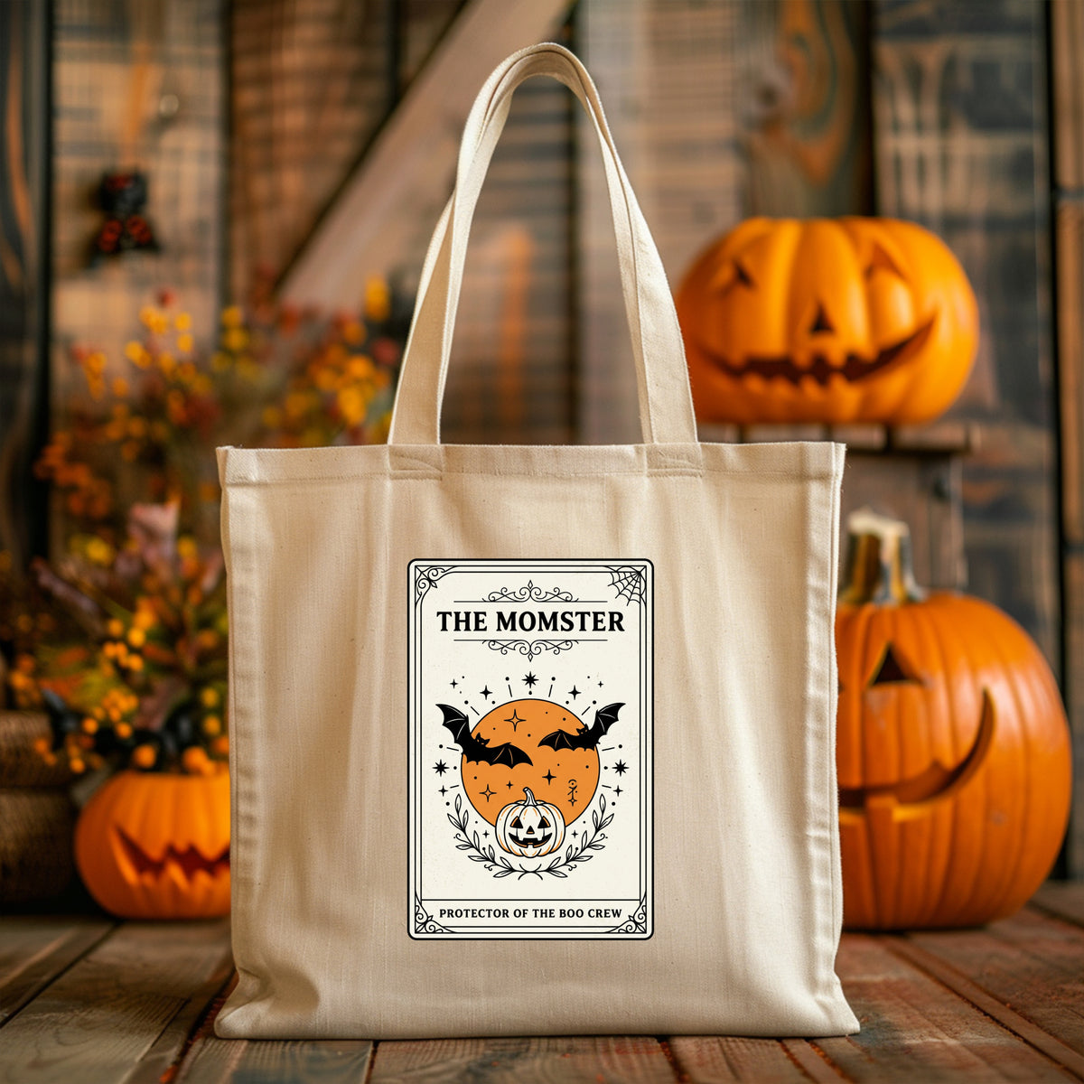 Momster Halloween Tote, spooky pumpkin bat canvas tote, purple orange retro gothic
