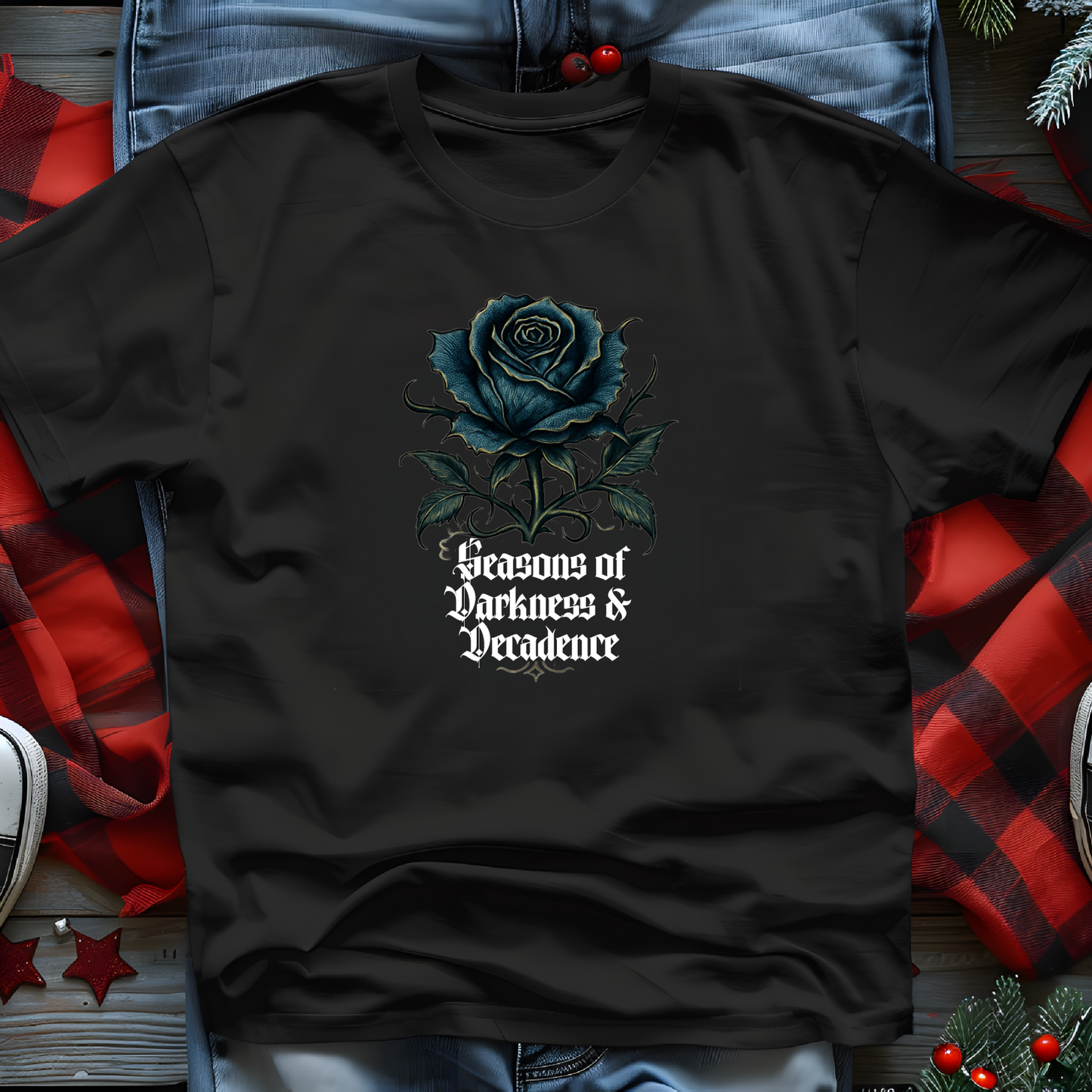 Seasons of Darkness & Decadence Tee — Gothic Black Rose Graphic T-Shirt