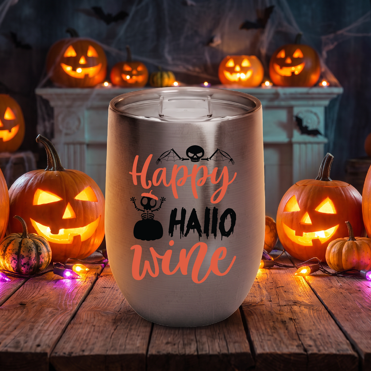 Happy Hallowine Wine Tumbler, Halloween Drink Cup, Reusable Insulated Wine Holder for Fall Parties, Spooky Season Gift