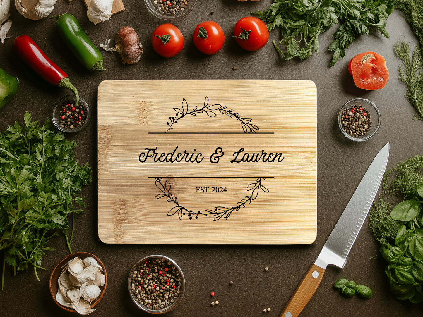 Personalized, Engraved Bamboo Cutting Board with Natural Wreath Design for Housewarming or Anniversary Gift