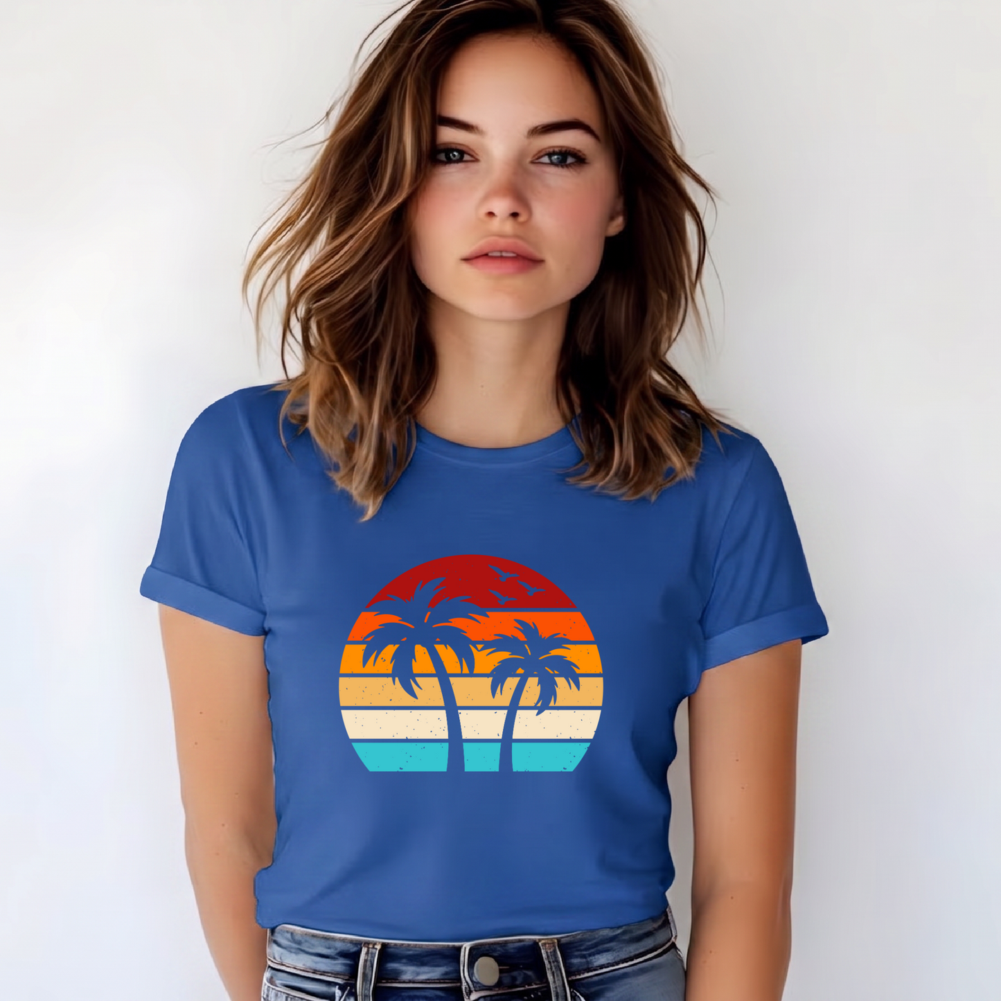 Women's Palm Sunset Tee — Retro Beach Palm Tree Graphic T-Shirt