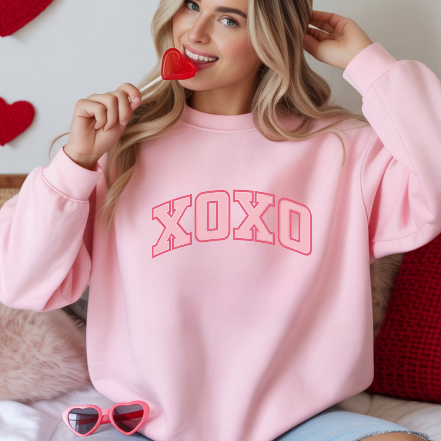 XOXO Pink Varsity Crewneck Sweatshirt